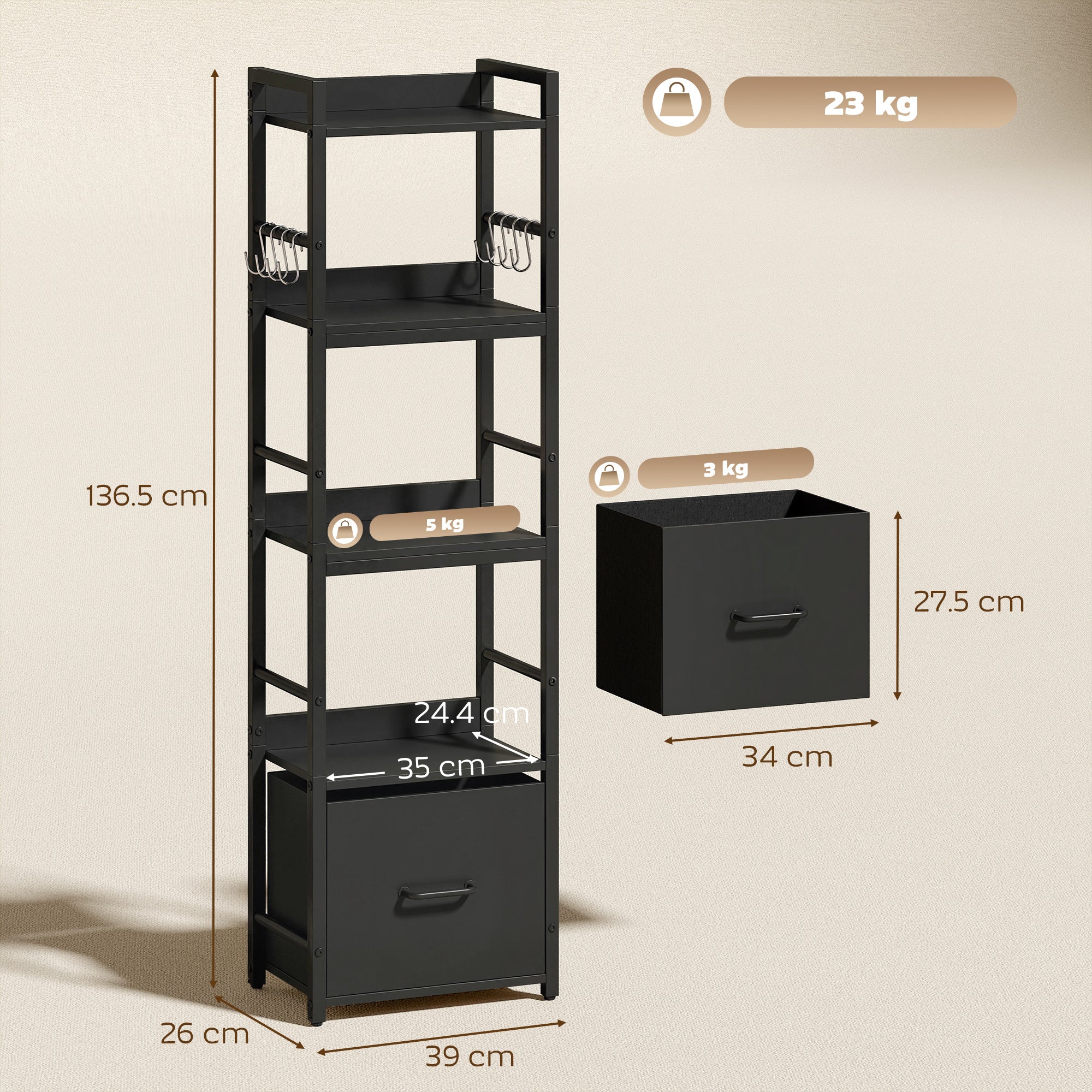 HOMCOM 4-Tier Bookshelf, Shelving Unit with Drawer, 8 Hooks, Black - Image 5