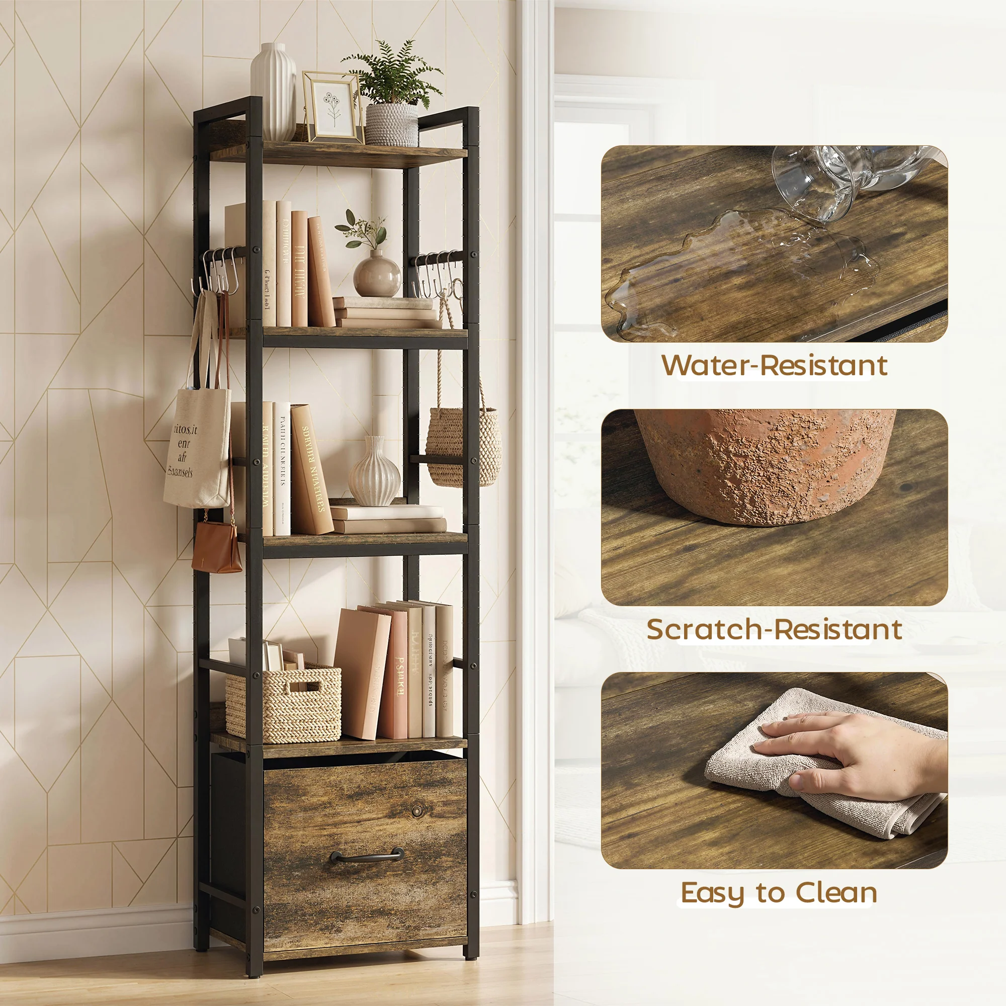 HOMCOM 4-Tier Bookshelf, Shelving Unit with Drawer, 8 Hooks, Rustic Brown - Image 7