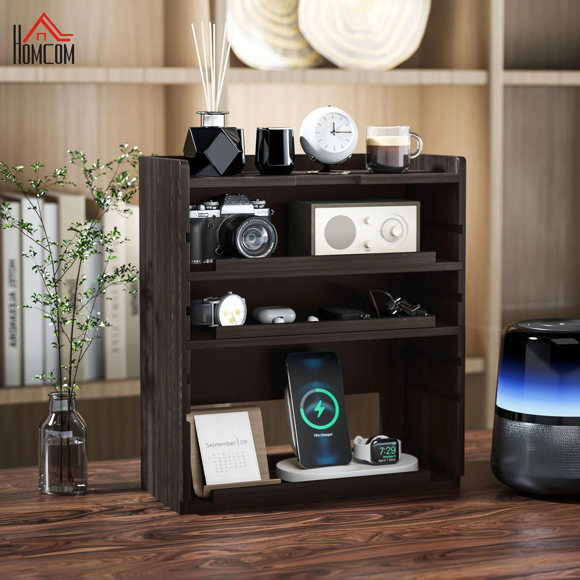 HOMCOM 4-Tier Desktop Organiser With Cable Management For Stationery - Oak/Dark Brown - Image 11