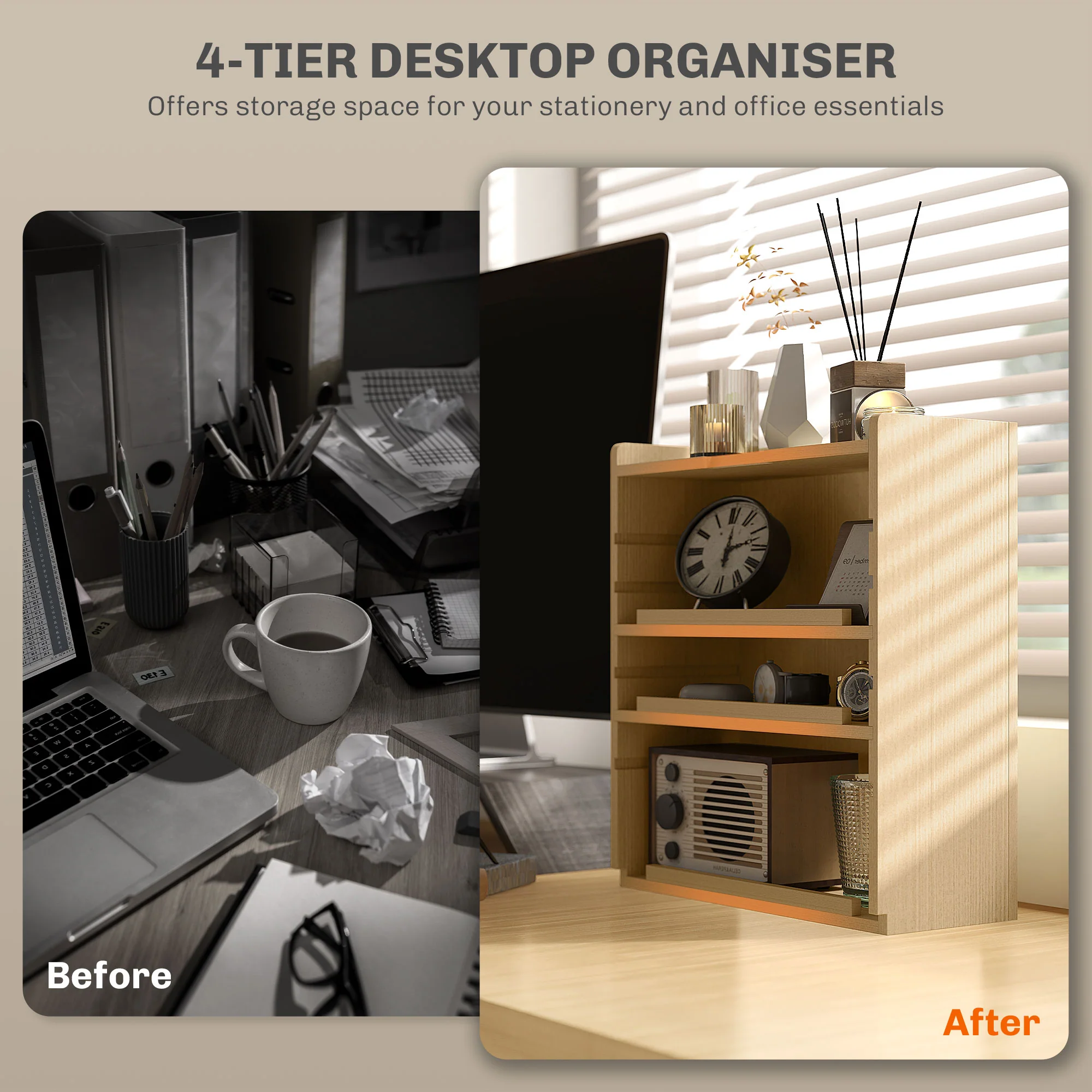HOMCOM 4-Tier Desktop Organiser With Cable Management For Stationery - Oak/Dark Brown - Image 3