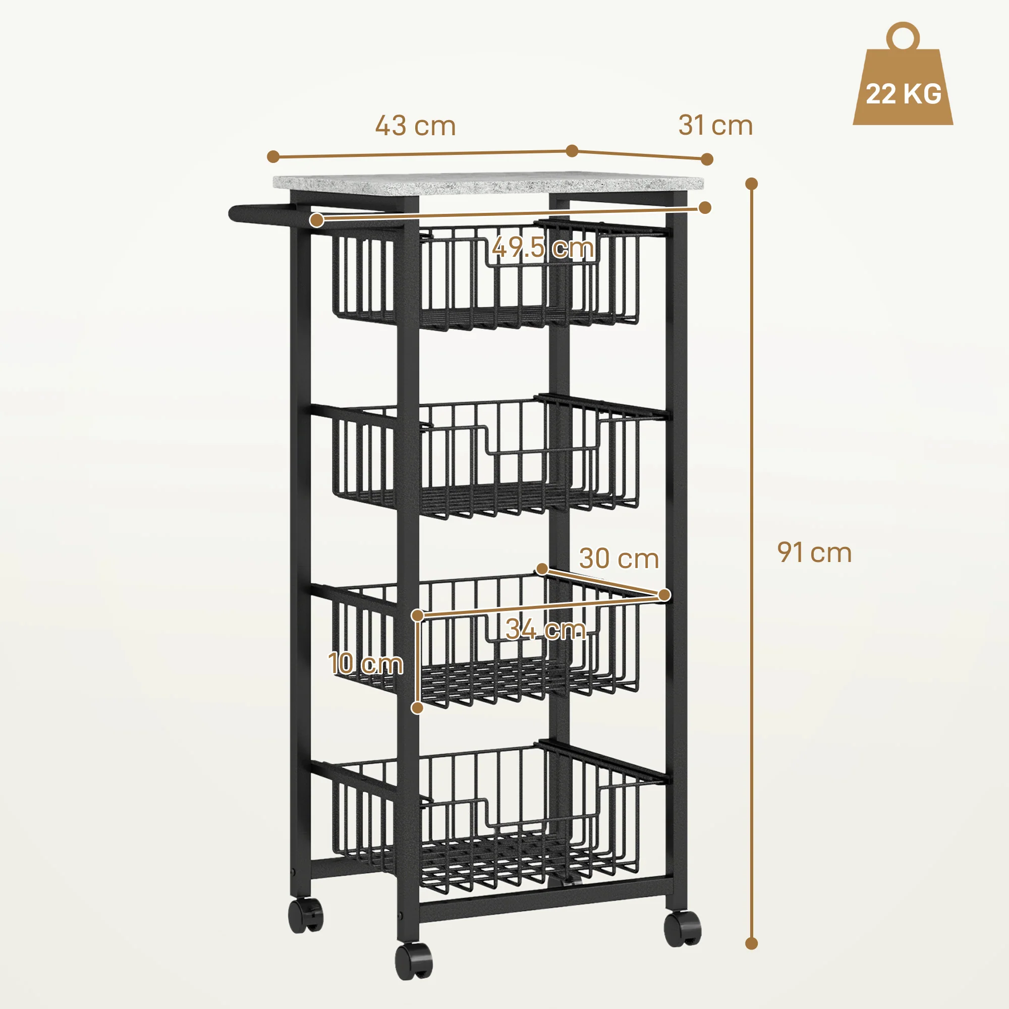 HOMCOM 4-Tier Kitchen Island on Wheels with 4 Pull-Out Baskets, Light Grey - Image 14