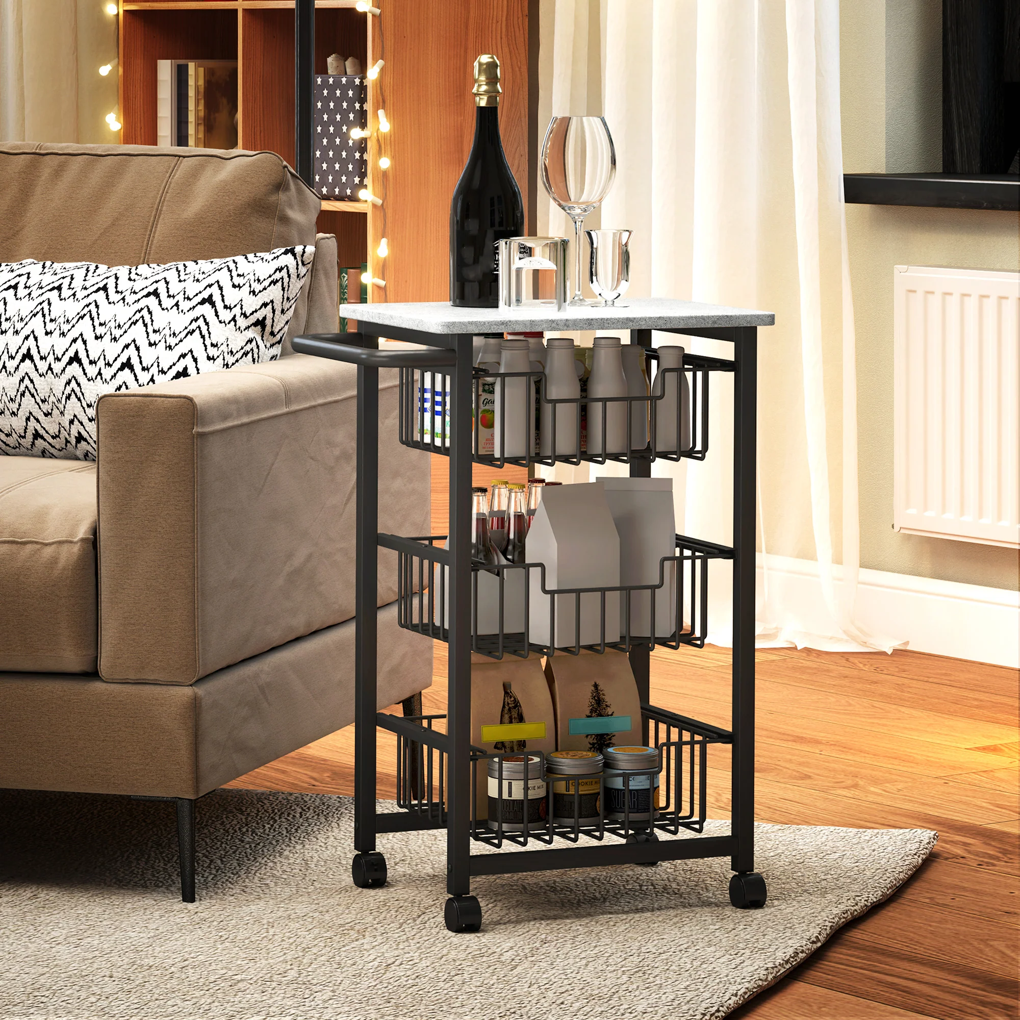 HOMCOM 4-Tier Kitchen Island on Wheels with 4 Pull-Out Baskets, Light Grey - Image 6