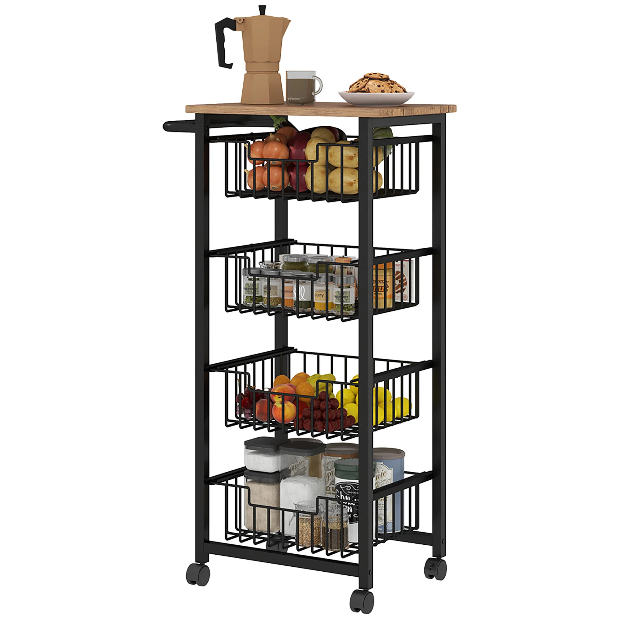 HOMCOM 4-Tier Kitchen Island on Wheels with 4 Pull-Out Baskets, Oak