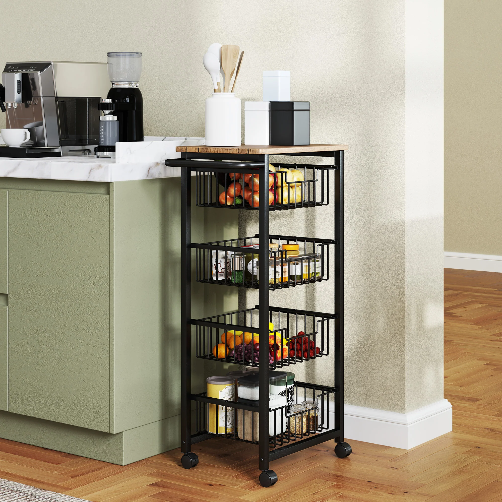HOMCOM 4-Tier Kitchen Island on Wheels with 4 Pull-Out Baskets, Oak - Image 2
