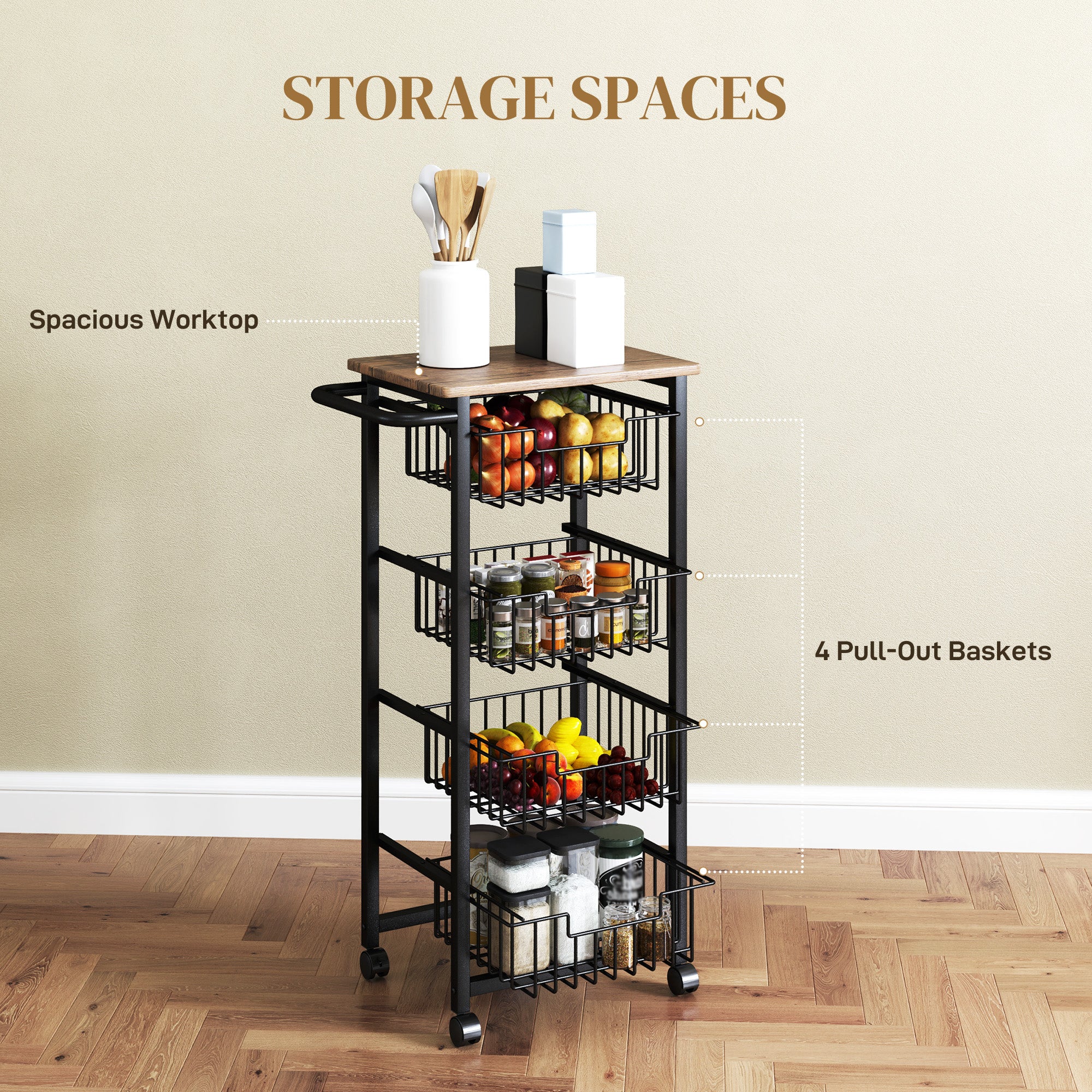 HOMCOM 4-Tier Kitchen Island on Wheels with 4 Pull-Out Baskets, Oak - Image 3