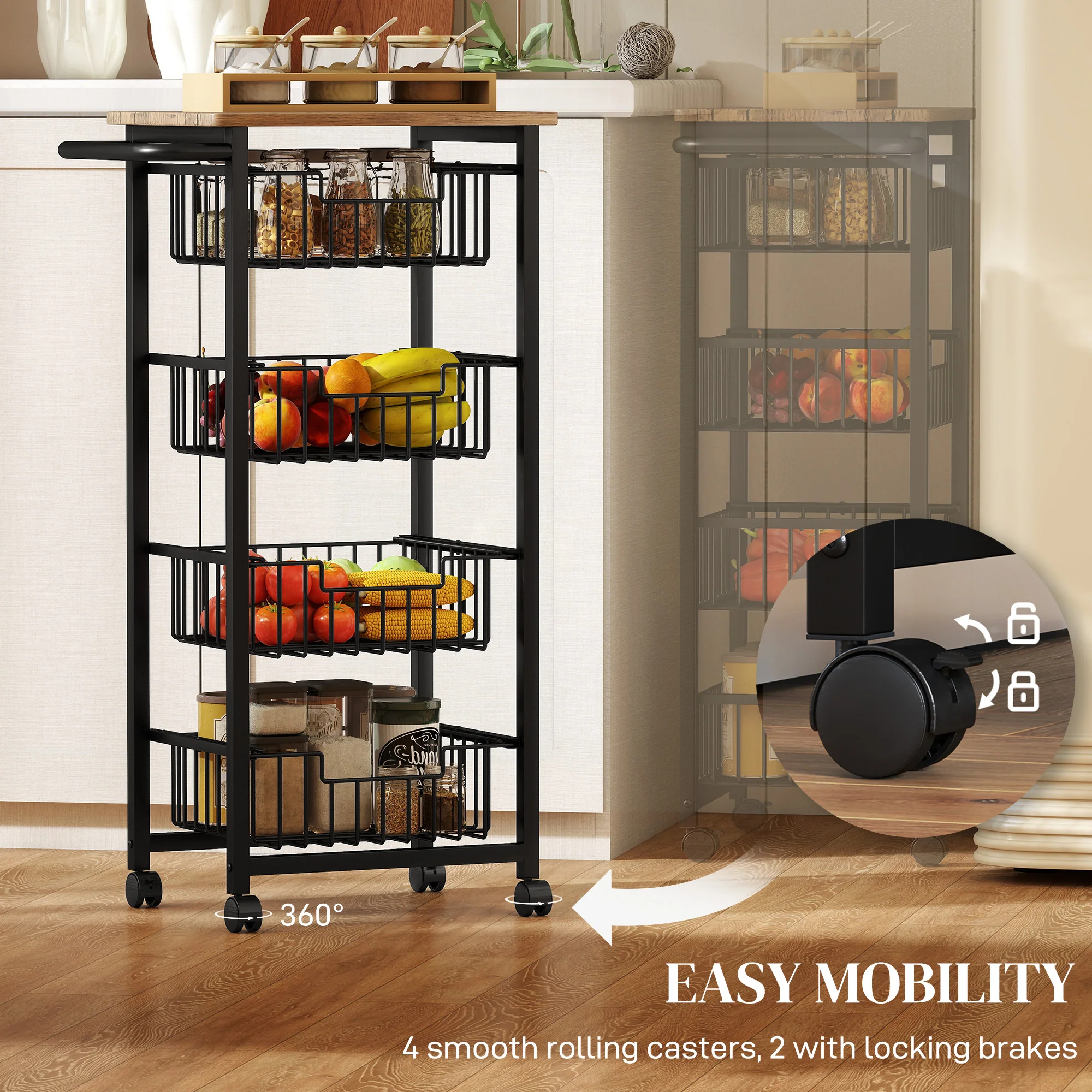 HOMCOM 4-Tier Kitchen Island on Wheels with 4 Pull-Out Baskets, Oak - Image 4