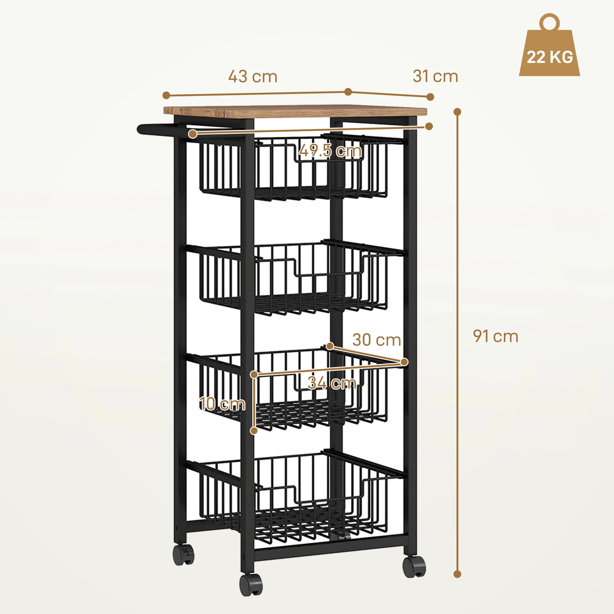 HOMCOM 4-Tier Kitchen Island on Wheels with 4 Pull-Out Baskets, Oak - Image 5