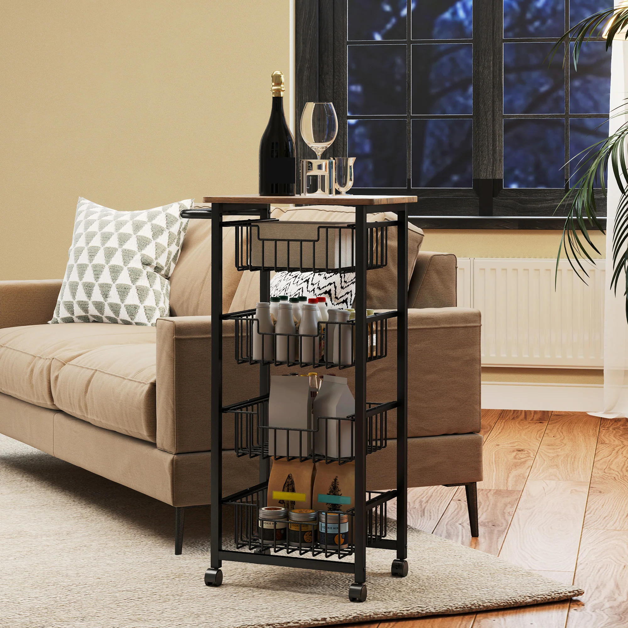 HOMCOM 4-Tier Kitchen Island on Wheels with 4 Pull-Out Baskets, Oak - Image 6