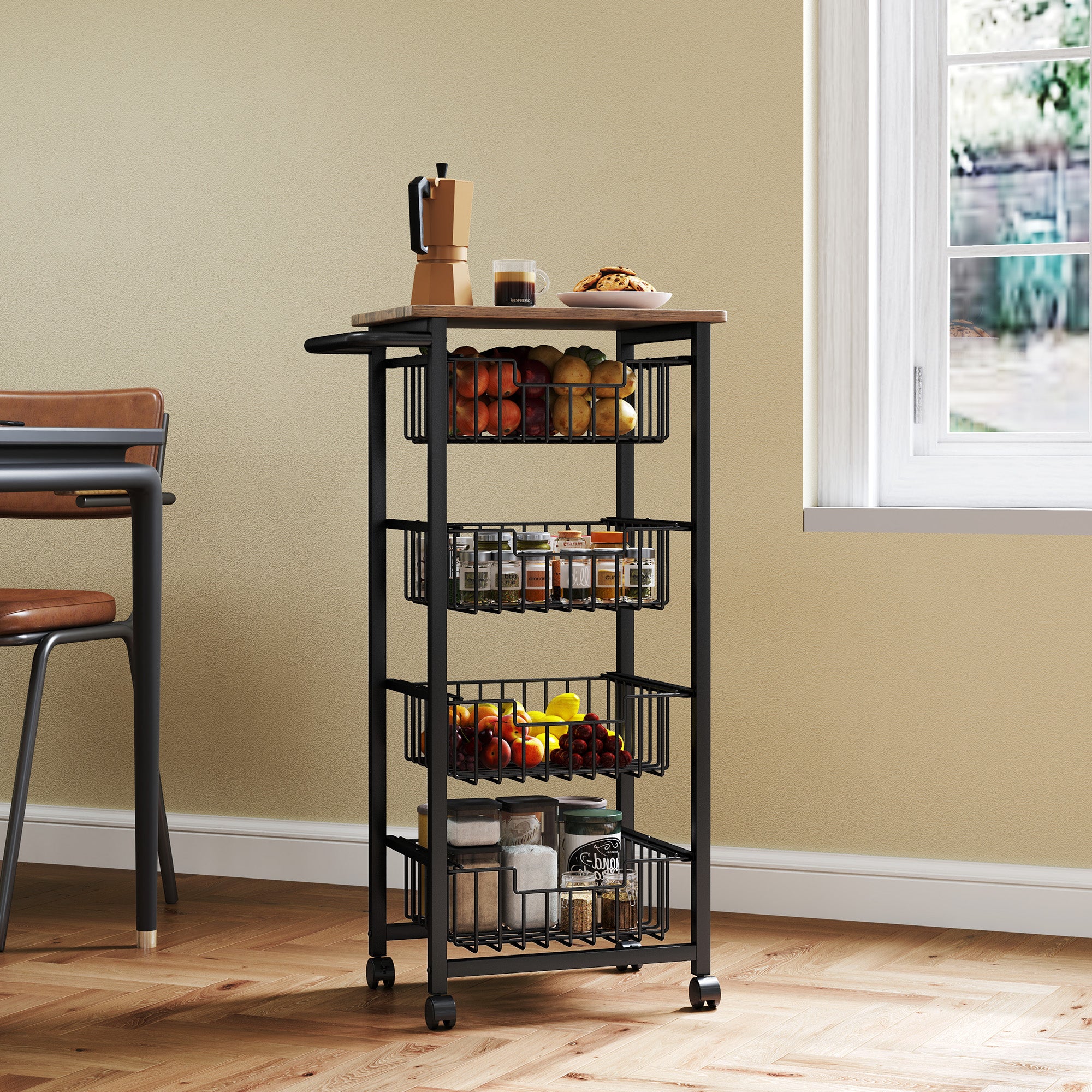 HOMCOM 4-Tier Kitchen Island on Wheels with 4 Pull-Out Baskets, Oak - Image 7