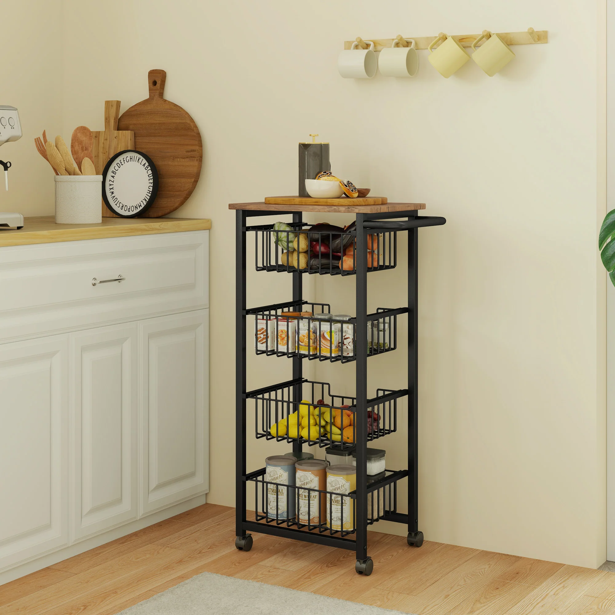 HOMCOM 4-Tier Kitchen Island on Wheels with 4 Pull-Out Baskets, Oak - Image 8