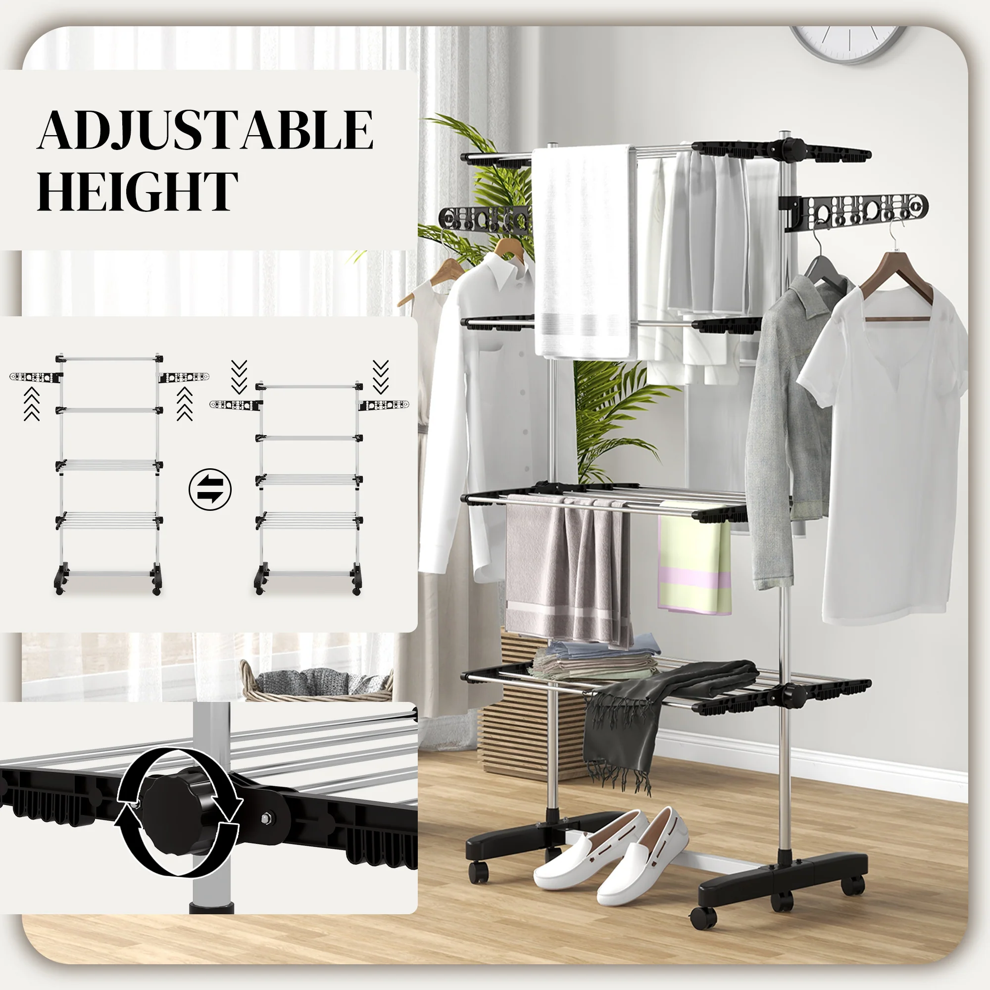 HOMCOM 4-Tier Large Clothes Airer Stainless Steel Clothes Drying Rack Black - Image 3