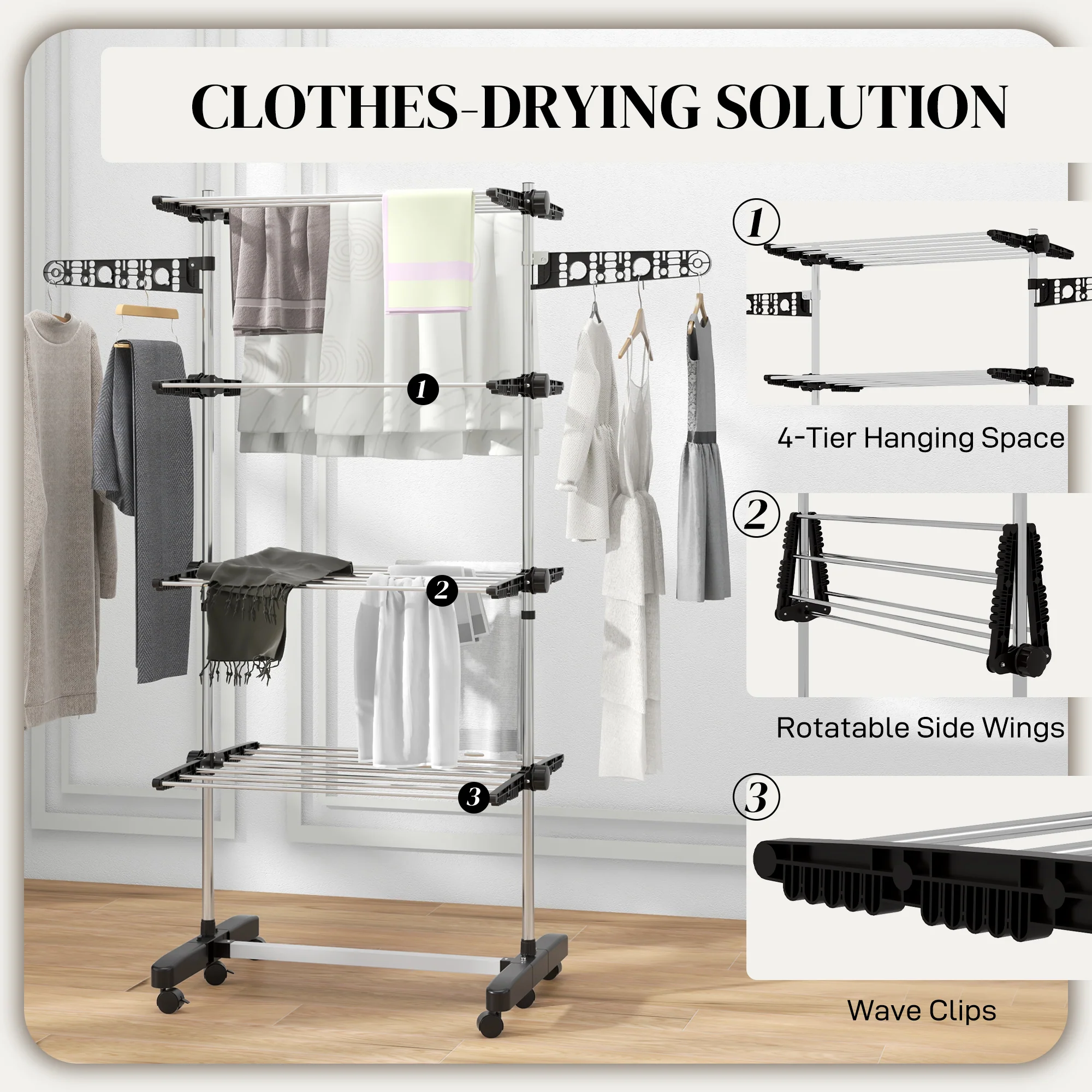 HOMCOM 4-Tier Large Clothes Airer Stainless Steel Clothes Drying Rack Black - Image 4