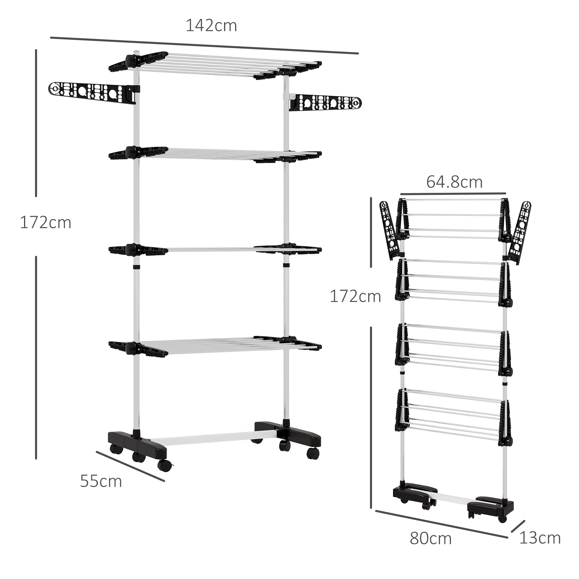 HOMCOM 4-Tier Large Clothes Airer Stainless Steel Clothes Drying Rack Black - Image 5