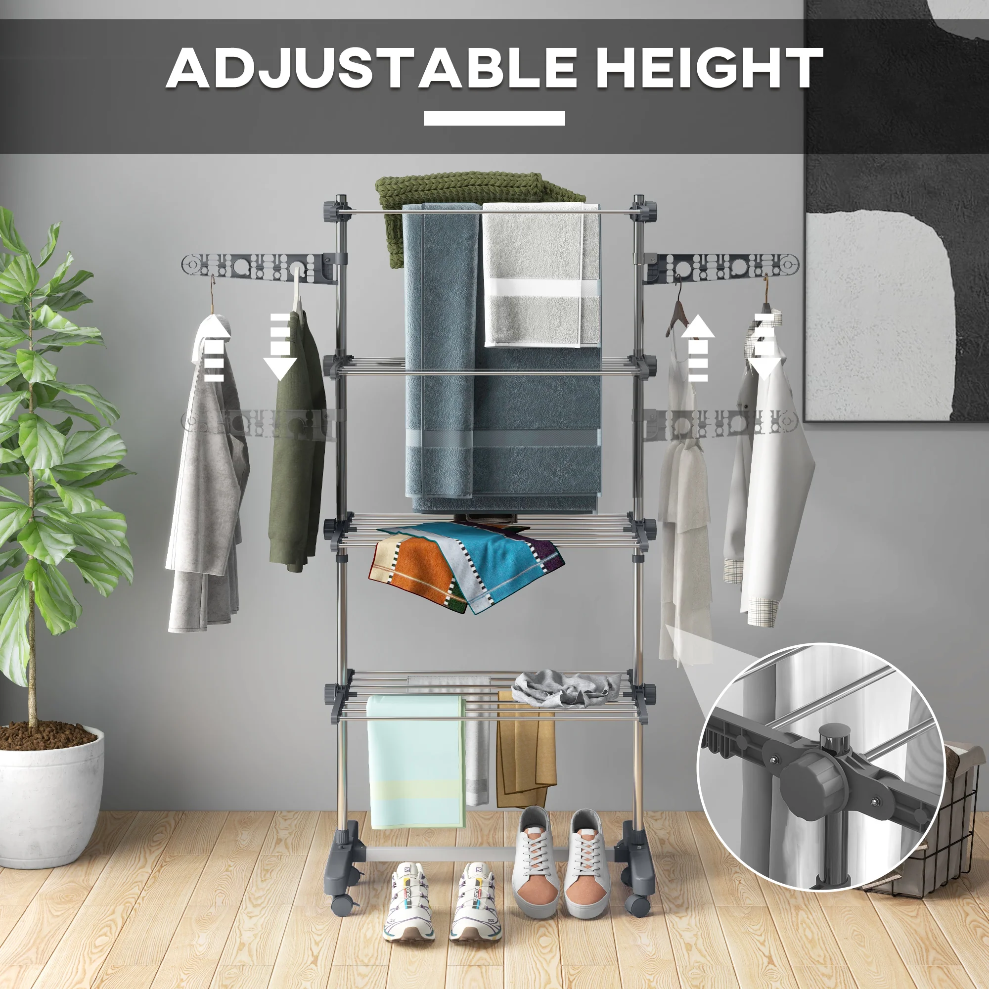 HOMCOM 4-Tier Large Clothes Airer Stainless Steel Clothes Drying Rack Grey - Image 3