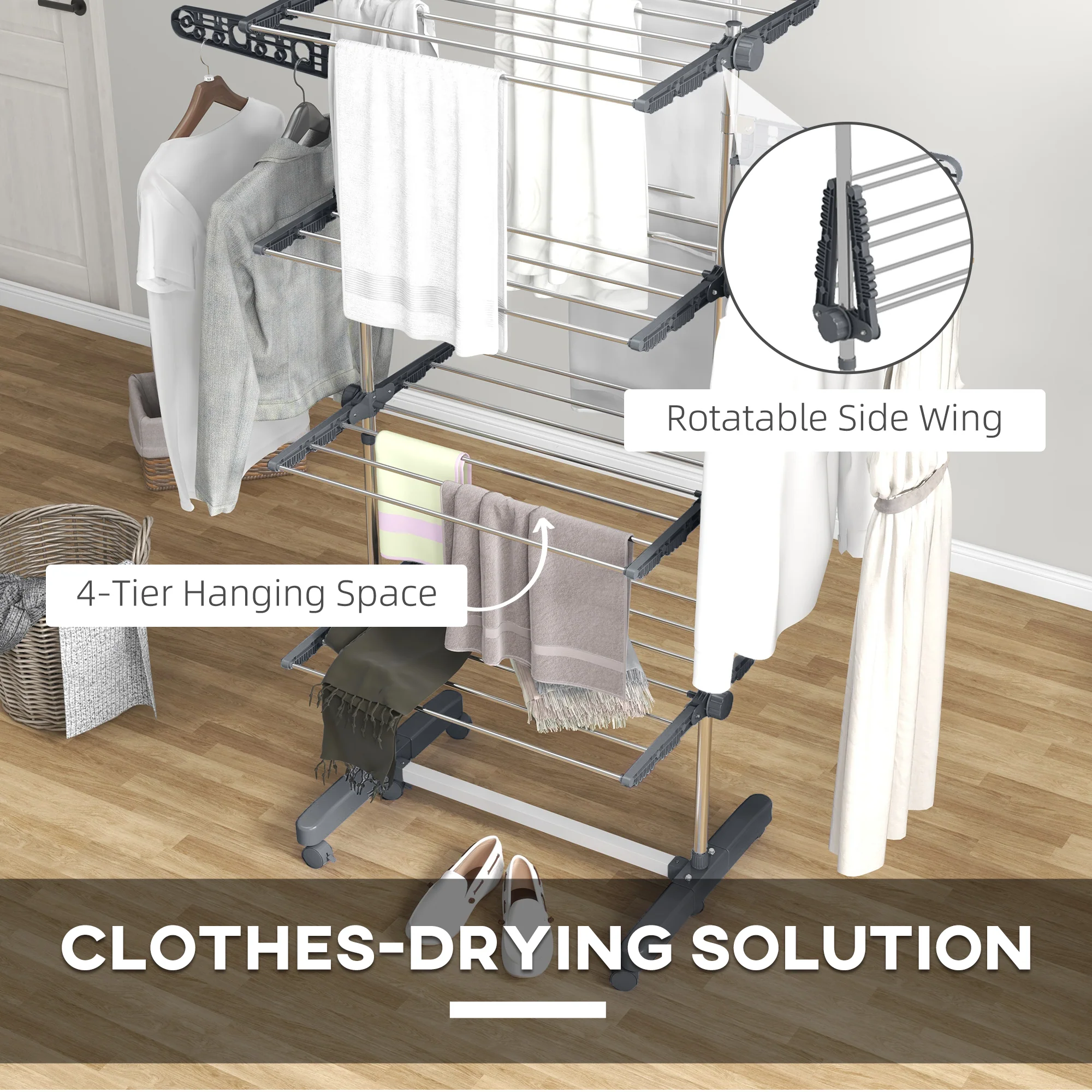 HOMCOM 4-Tier Large Clothes Airer Stainless Steel Clothes Drying Rack Grey - Image 4
