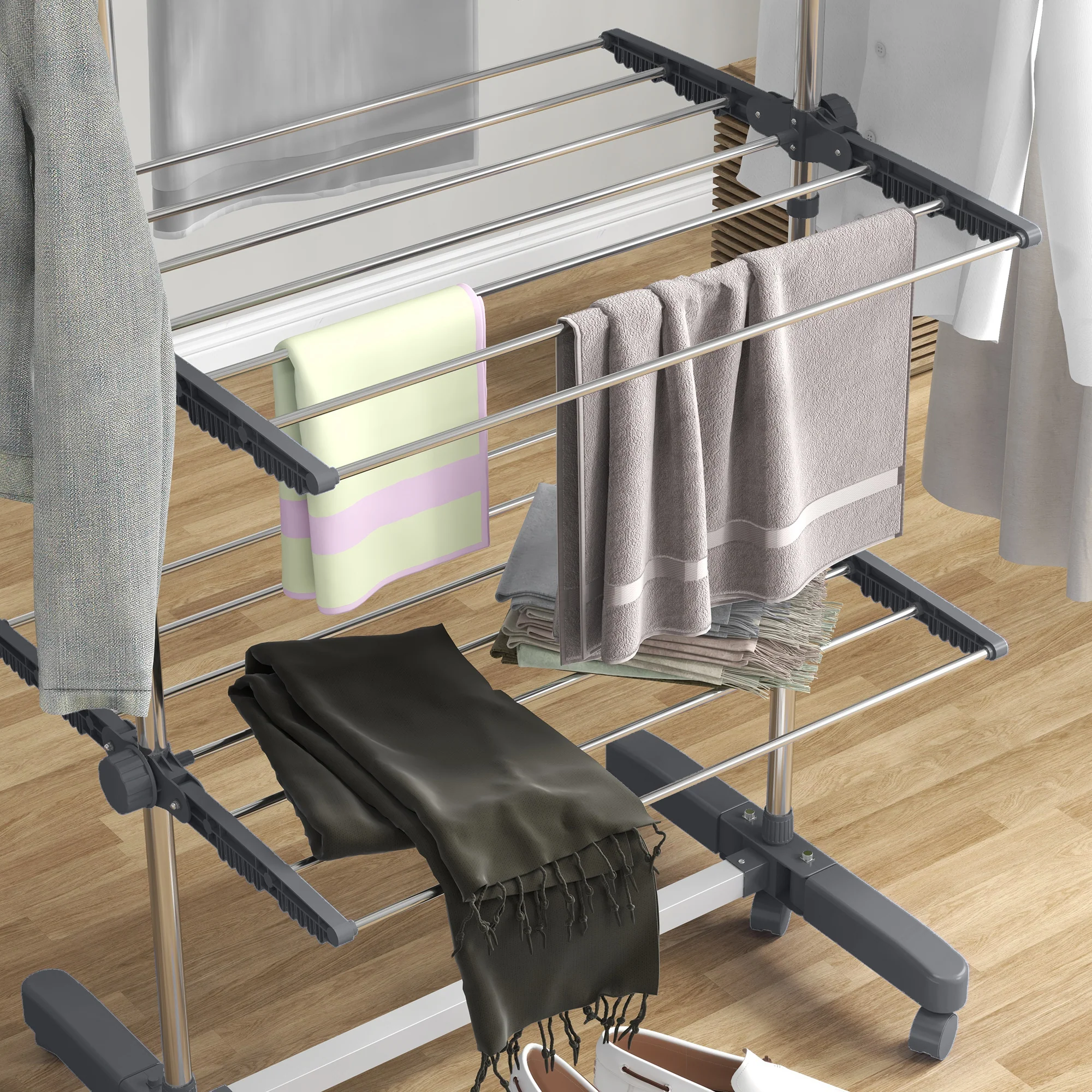 HOMCOM 4-Tier Large Clothes Airer Stainless Steel Clothes Drying Rack Grey - Image 9