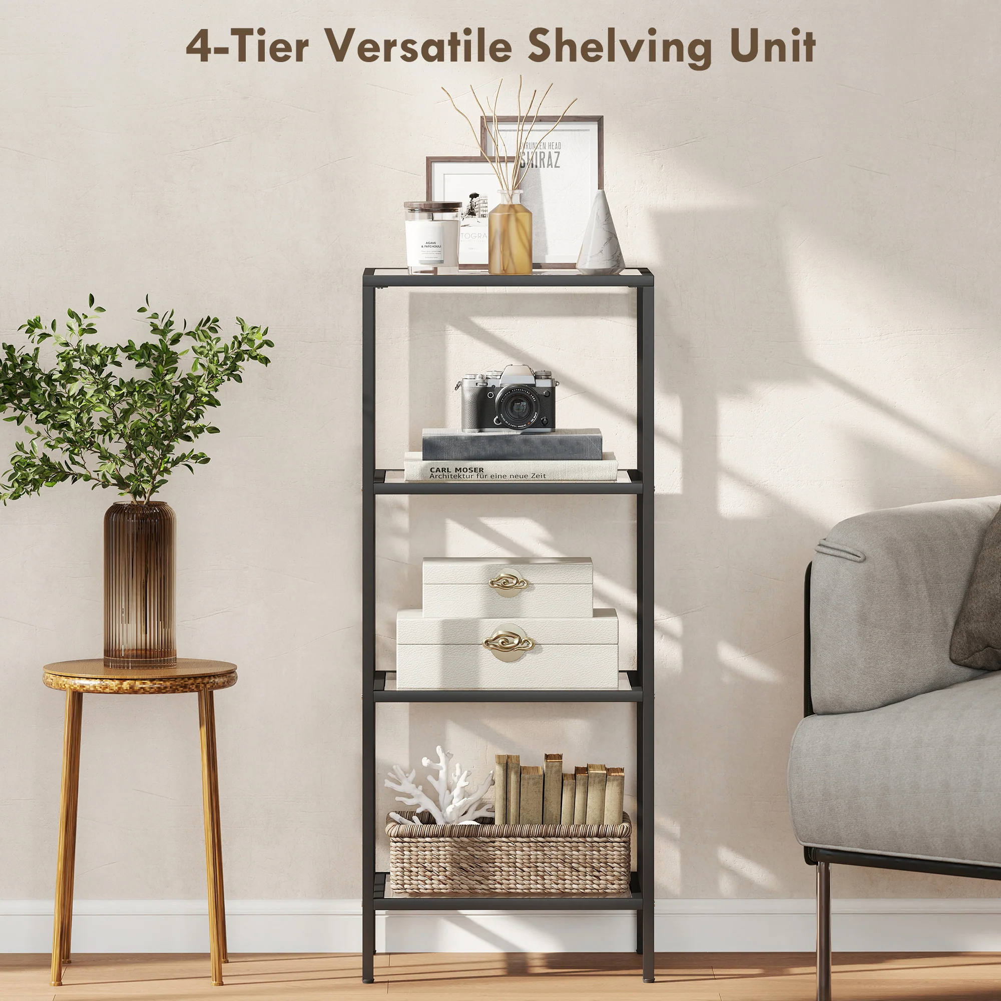 HOMCOM 4-Tier Shelving Unit Modern Glass Shelf Bookshelf For Home - Image 3