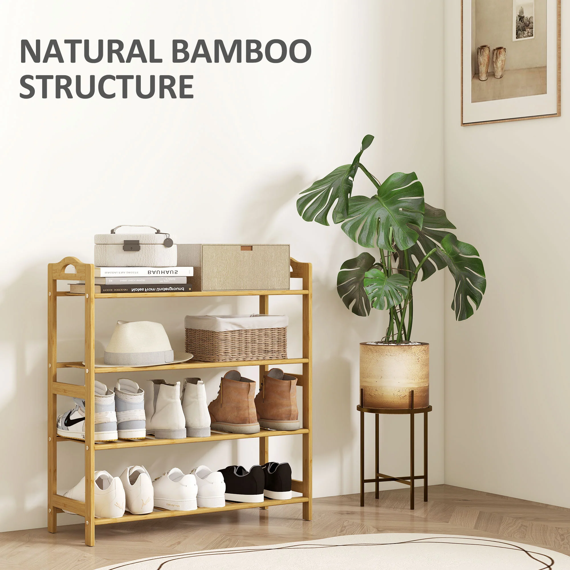 HOMCOM 4-Tier Shoe Rack, Bamboo Shoe Shelf Stand, Natural Wood Finish - Image 4