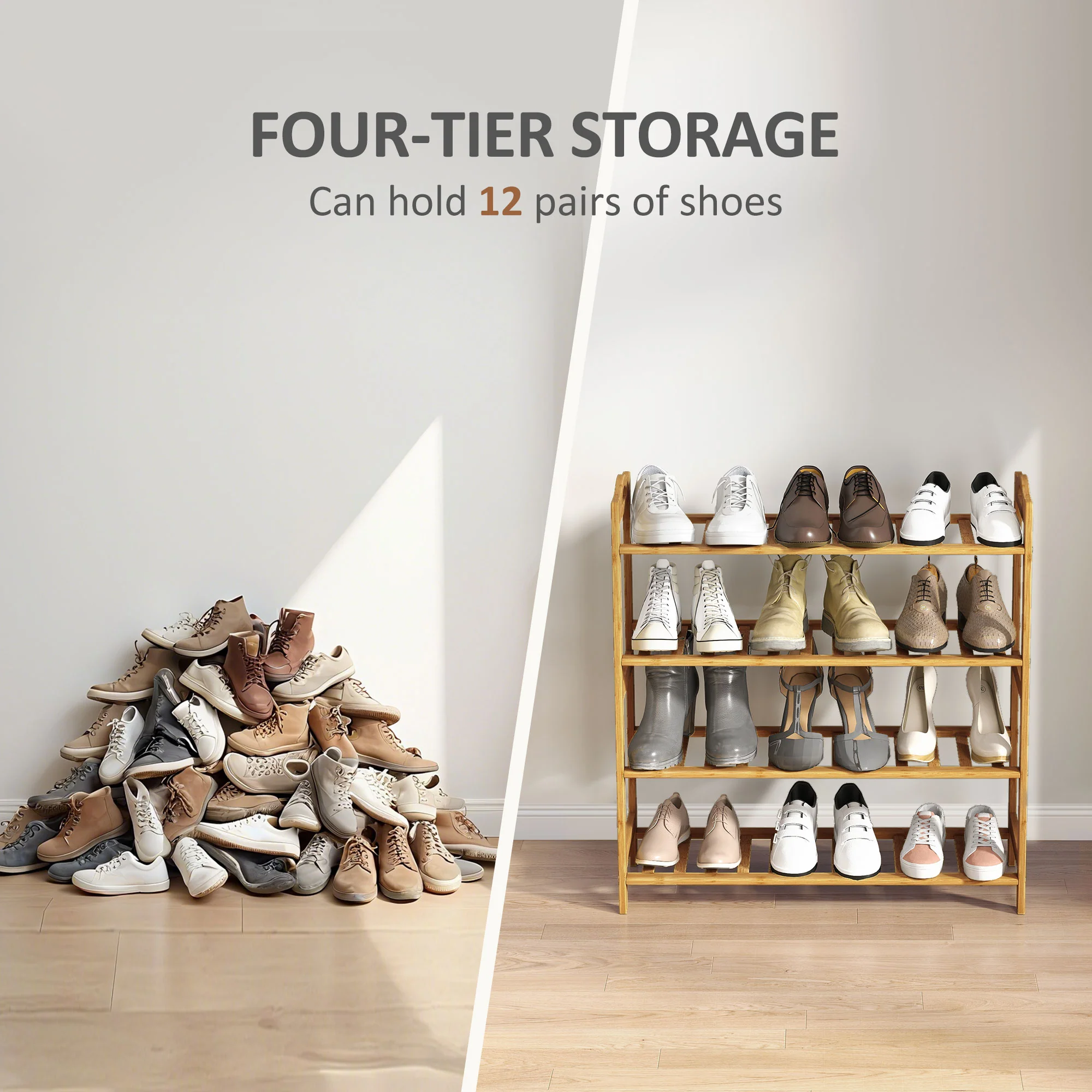 HOMCOM 4-Tier Shoe Rack, Bamboo Shoe Shelf Stand, Natural Wood Finish - Image 5