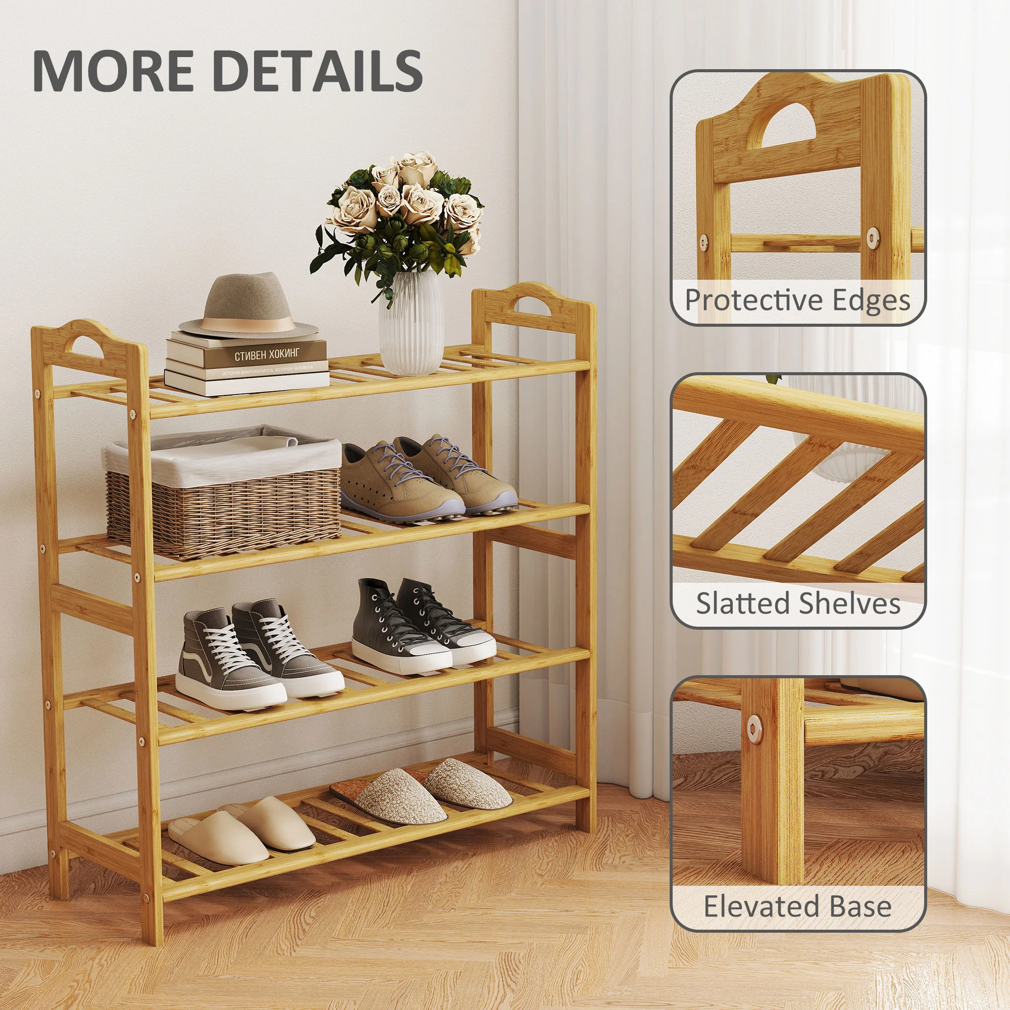 HOMCOM 4-Tier Shoe Rack, Bamboo Shoe Shelf Stand, Natural Wood Finish - Image 6
