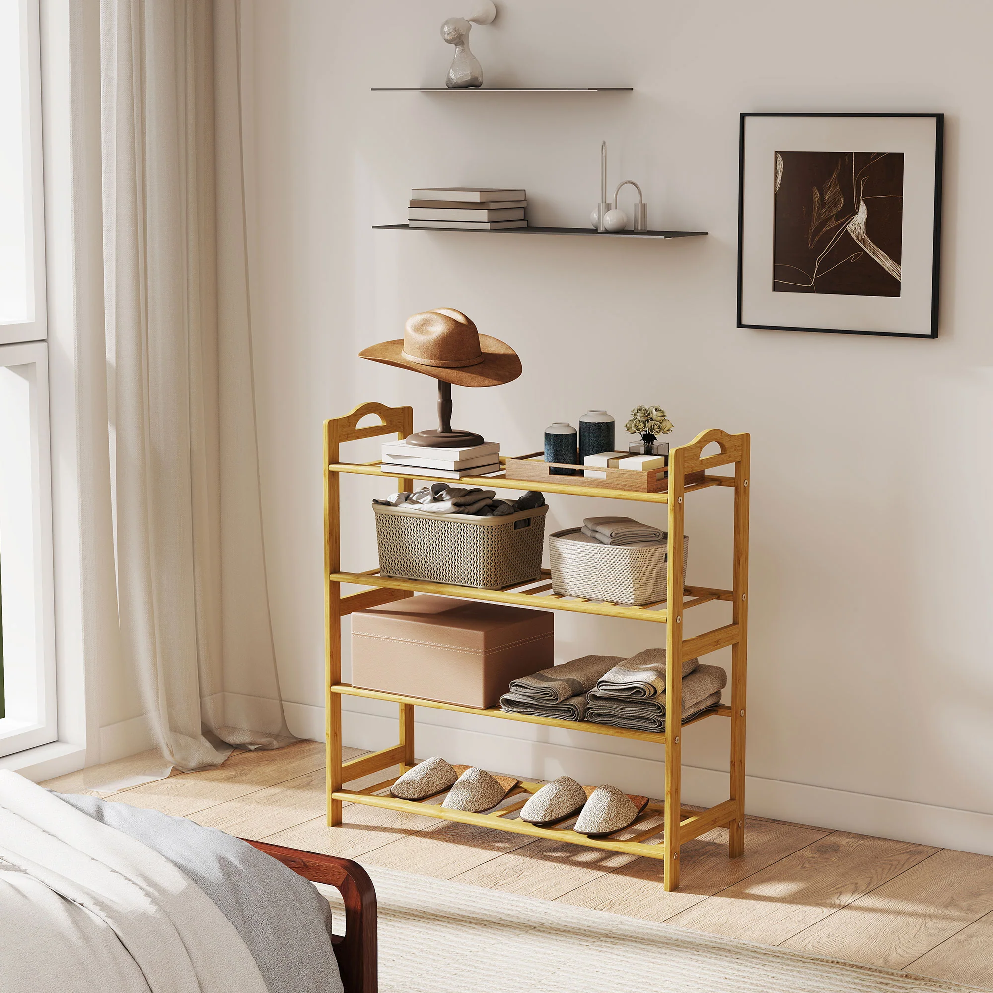 HOMCOM 4-Tier Shoe Rack, Bamboo Shoe Shelf Stand, Natural Wood Finish - Image 8