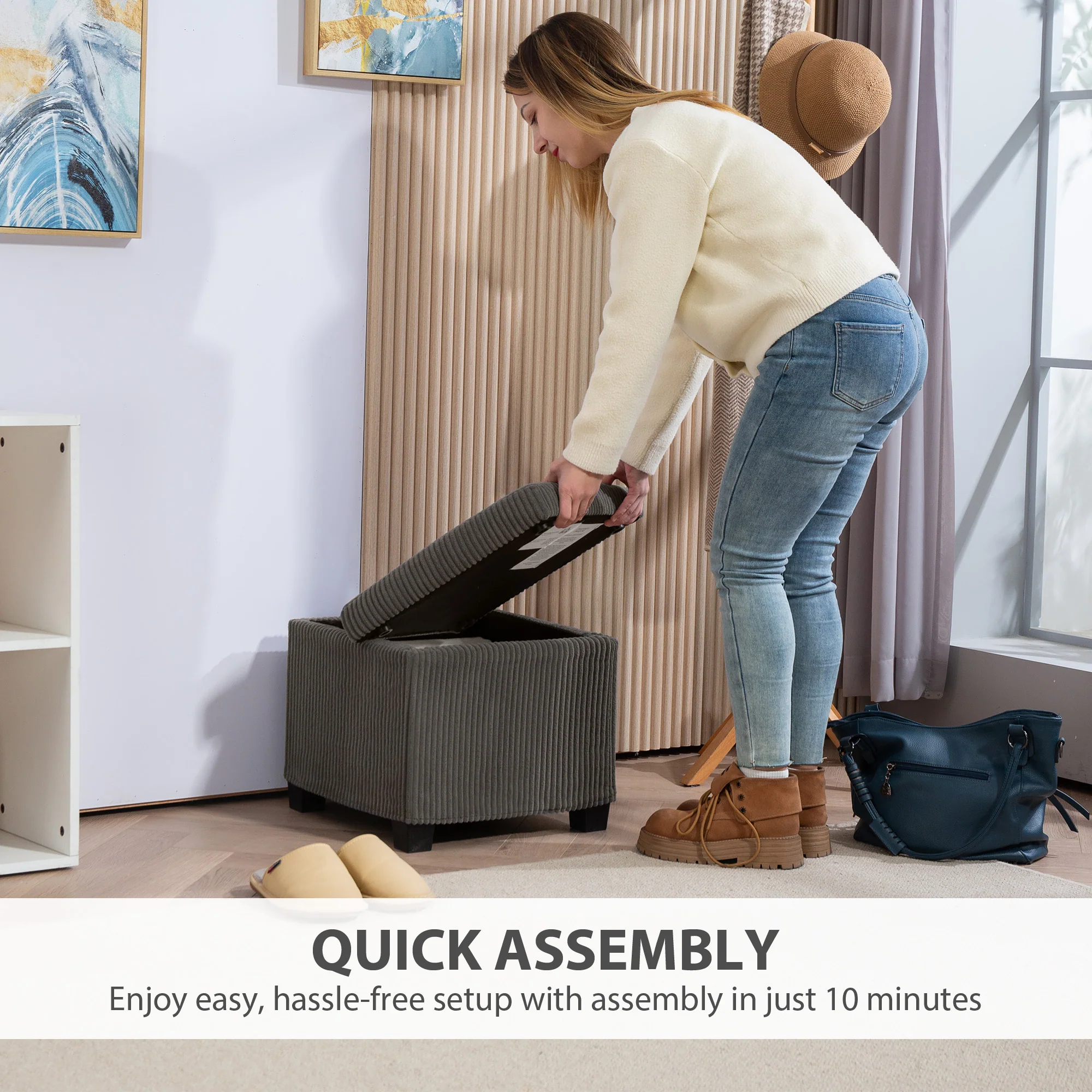 HOMCOM 40 cm Ottoman Storage Box with Removable Lid, Foot Rest - Image 16