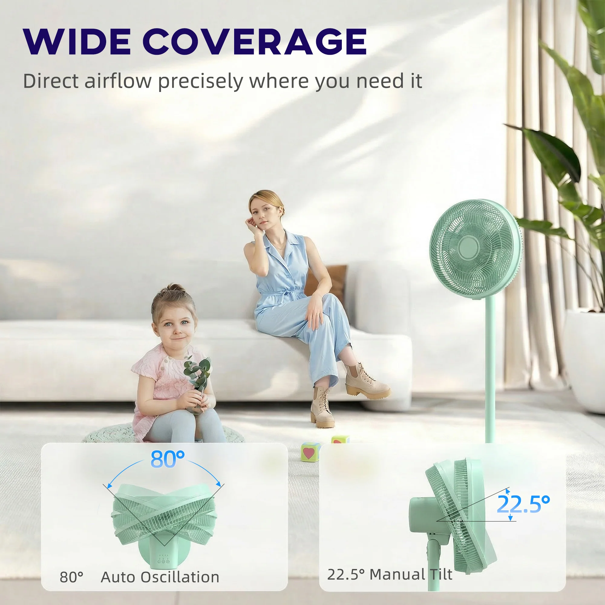 HOMCOM 40 Cm Standing Pedestal Fan, Quiet Electric Cooling Floor Fan, Green - Image 4