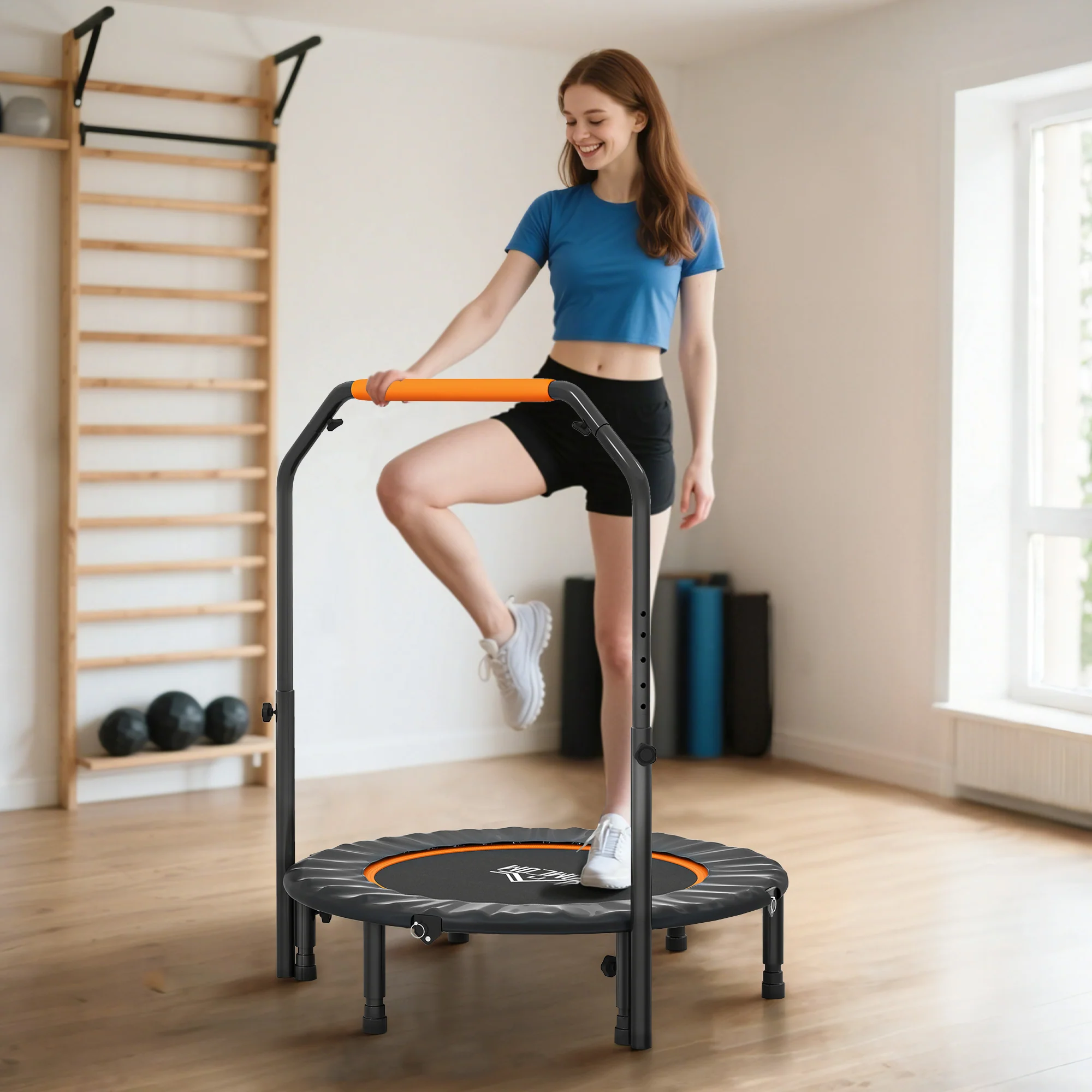 HOMCOM 40 Inch Foldable Mini Fitness Trampoline Rebounder w/ Adjustable Foam Handle