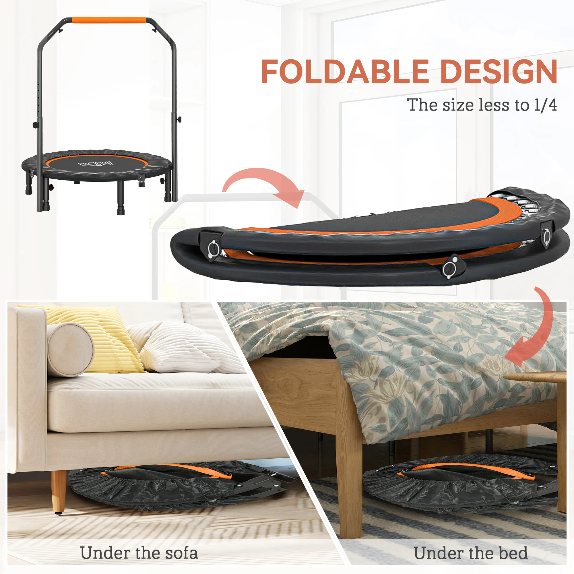 HOMCOM 40 Inch Foldable Mini Fitness Trampoline Rebounder w/ Adjustable Foam Handle - Image 3