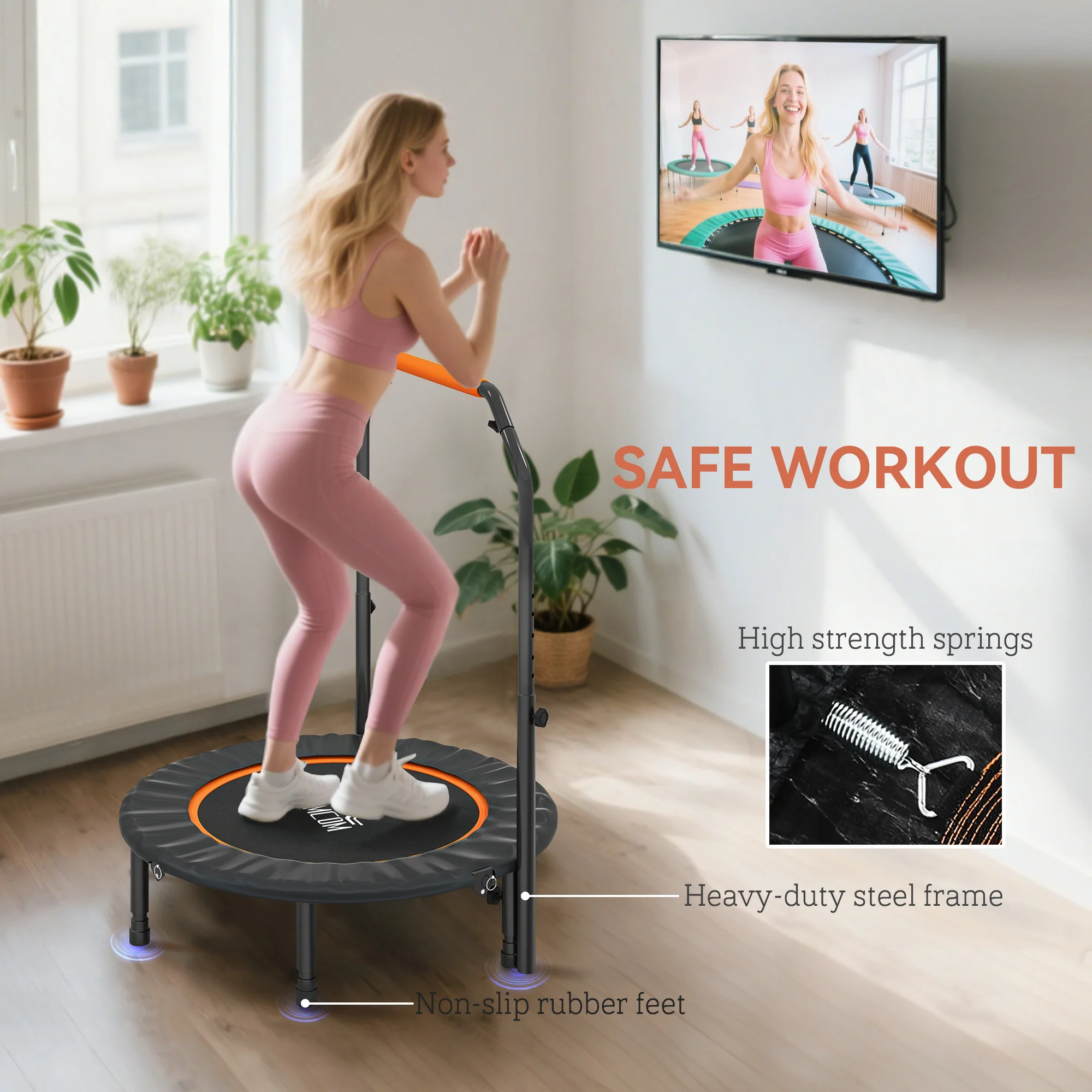 HOMCOM 40 Inch Foldable Mini Fitness Trampoline Rebounder w/ Adjustable Foam Handle - Image 5