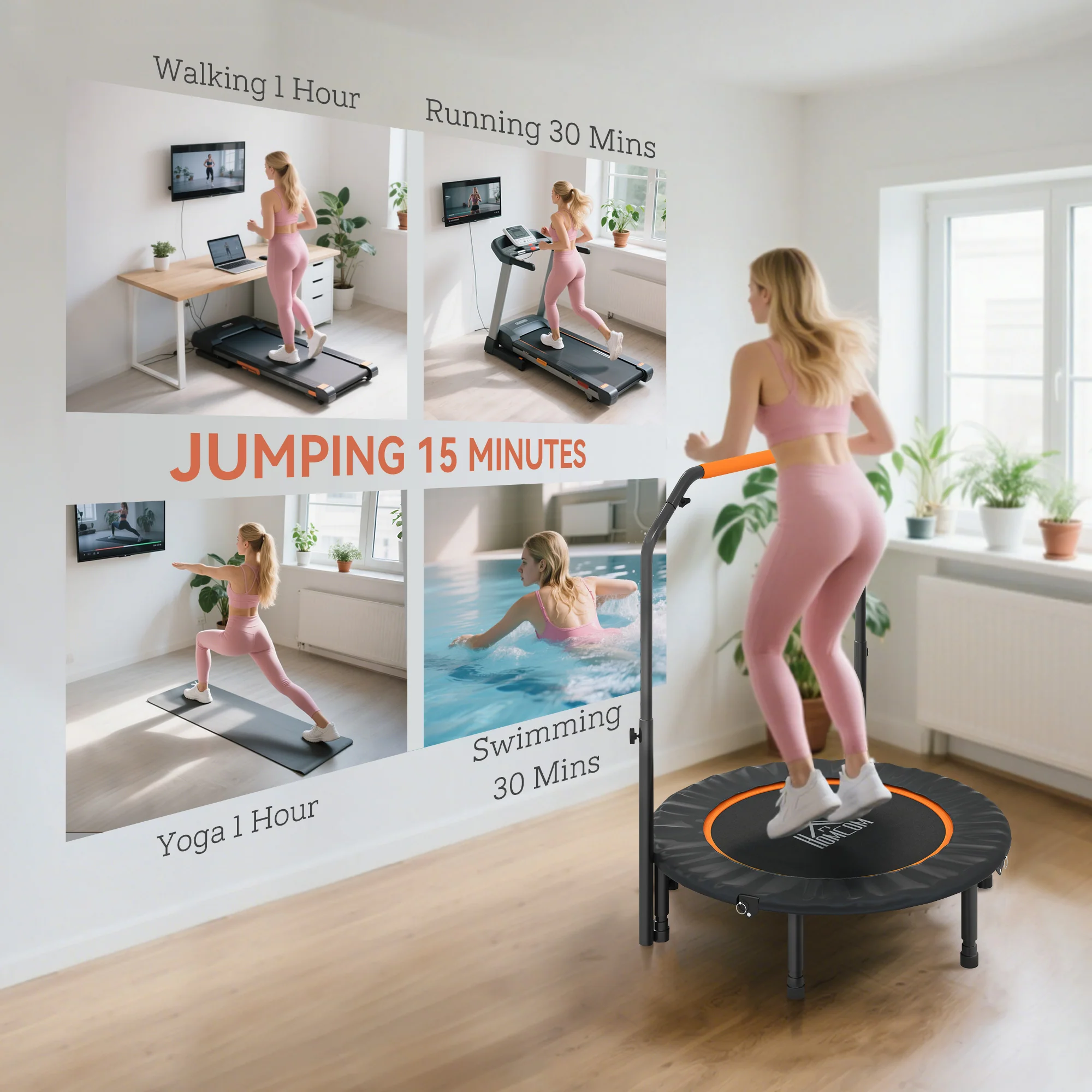 HOMCOM 40 Inch Foldable Mini Fitness Trampoline Rebounder w/ Adjustable Foam Handle - Image 6