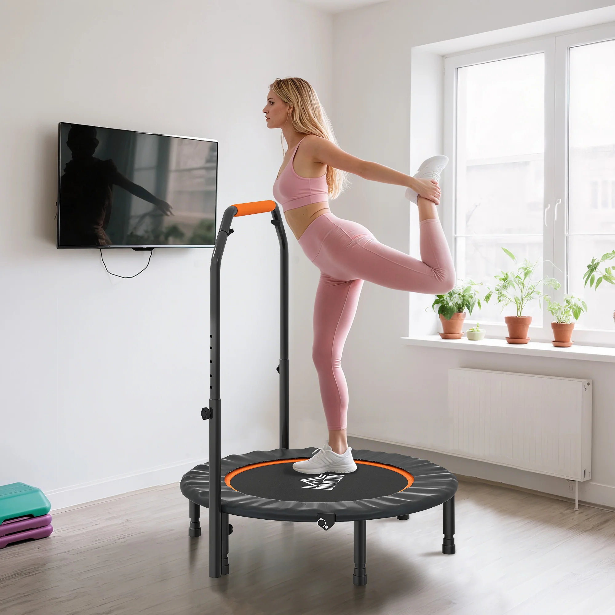 HOMCOM 40 Inch Foldable Mini Fitness Trampoline Rebounder w/ Adjustable Foam Handle - Image 7