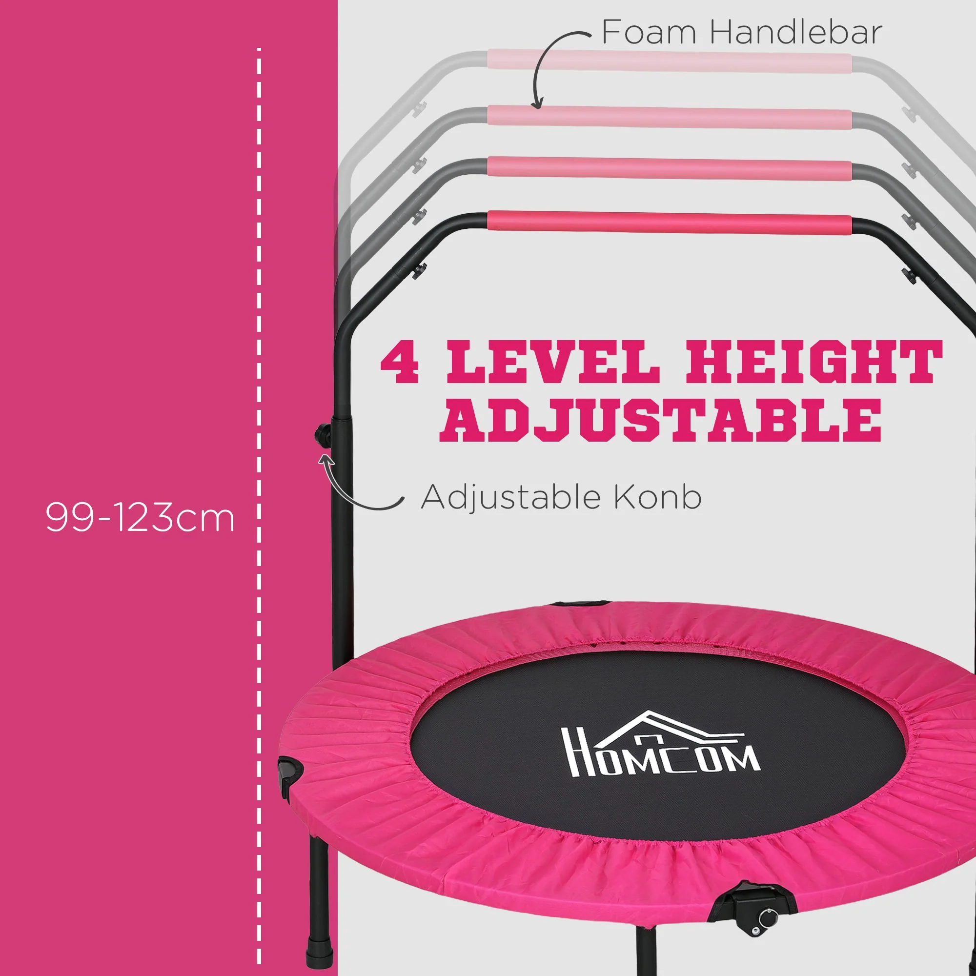 HOMCOM 40 Inch Foldable Mini Fitness Trampoline W/ Foam Handle, Pink - Image 3