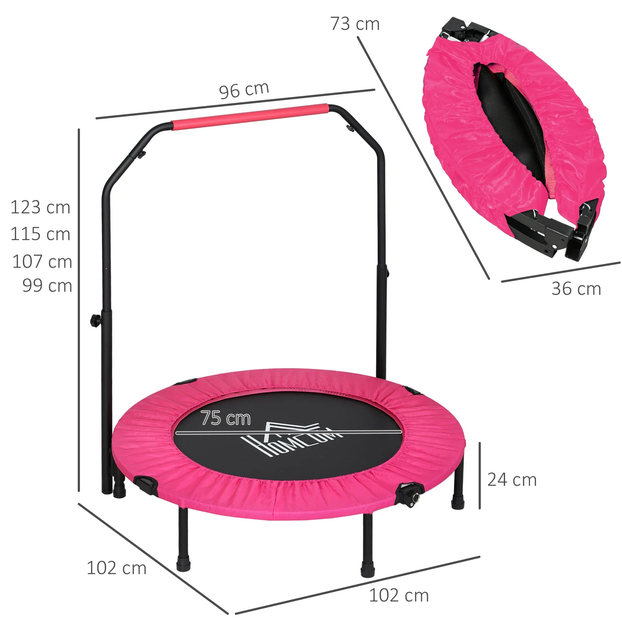 HOMCOM 40 Inch Foldable Mini Fitness Trampoline W/ Foam Handle, Pink - Image 5
