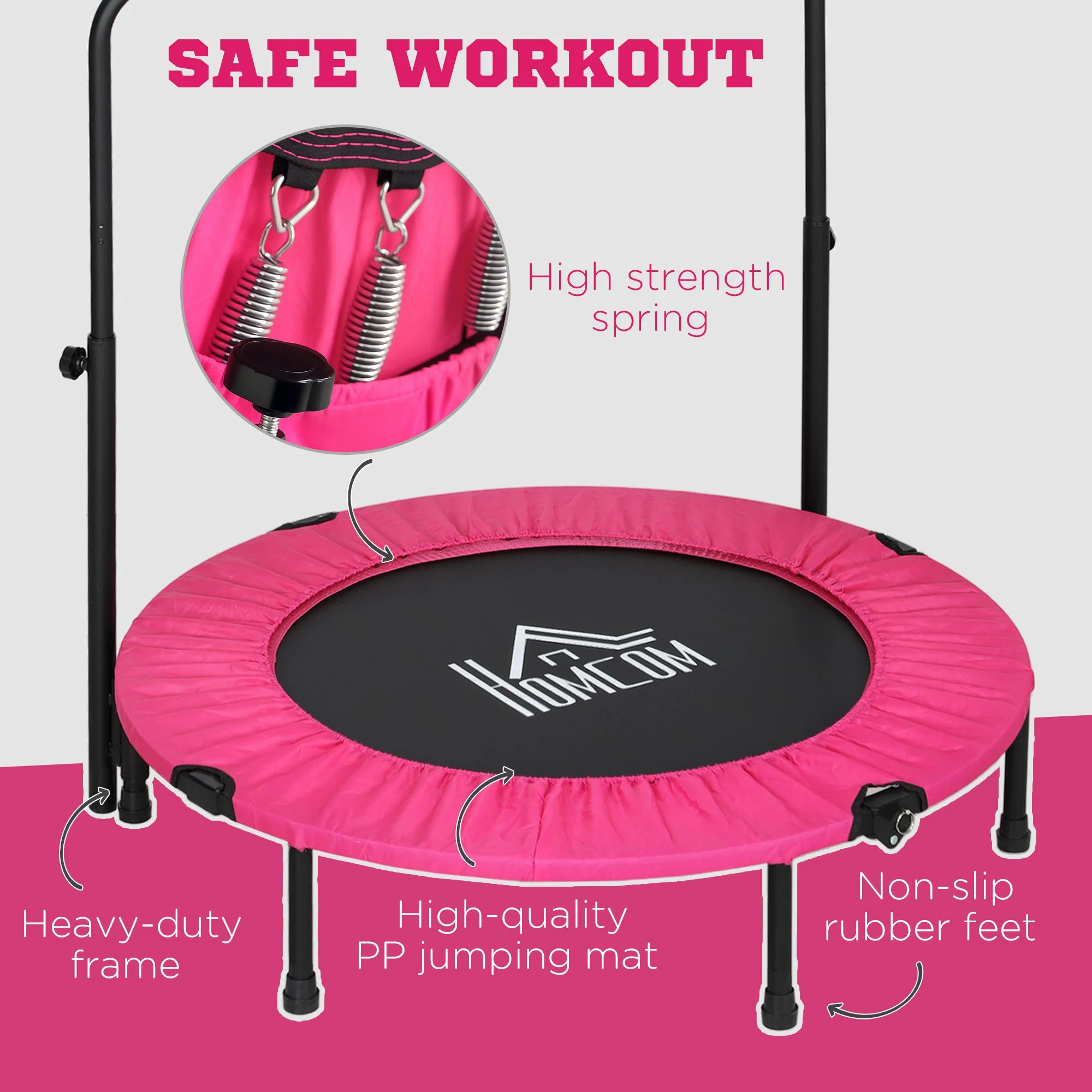 HOMCOM 40 Inch Foldable Mini Fitness Trampoline W/ Foam Handle, Pink - Image 6