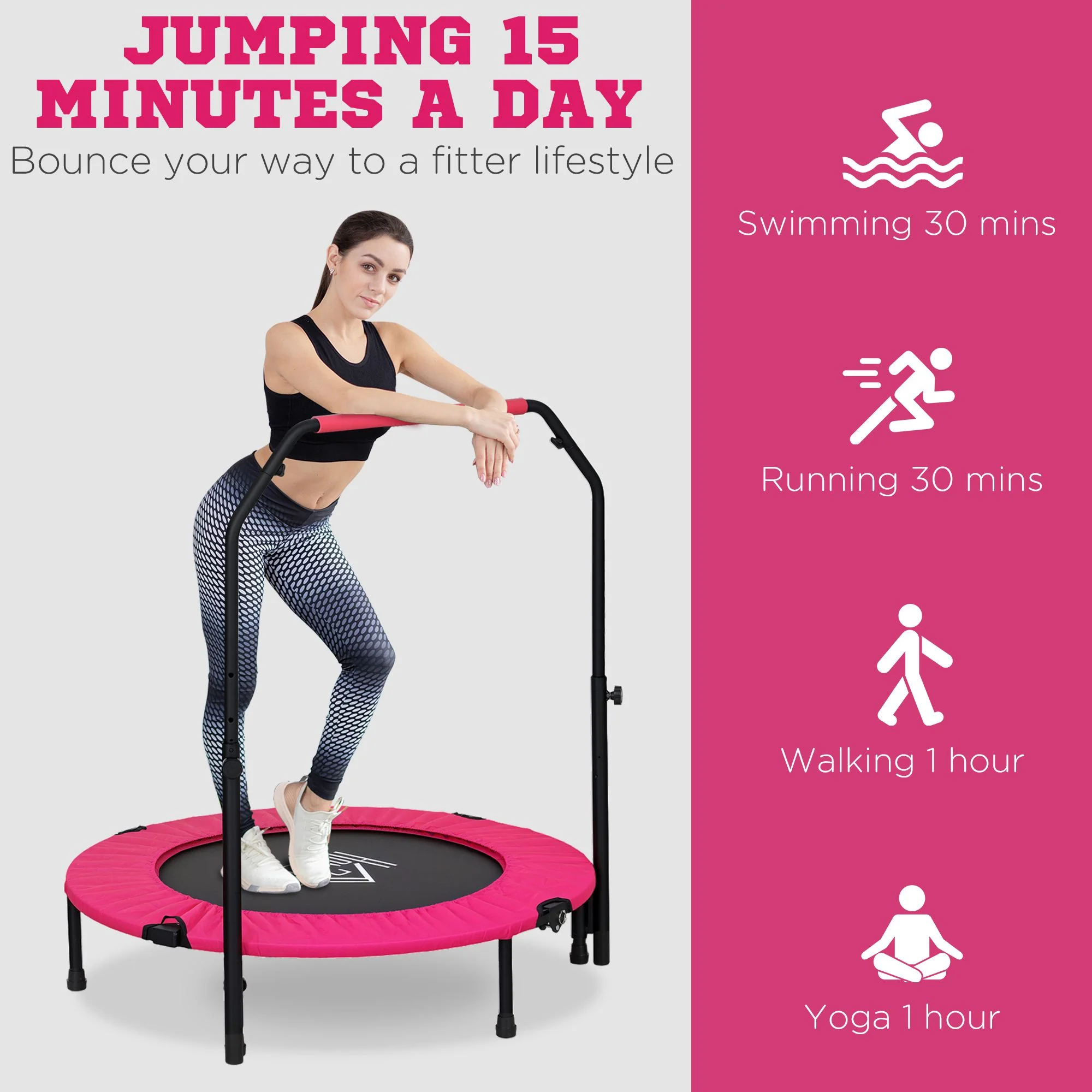 HOMCOM 40 Inch Foldable Mini Fitness Trampoline W/ Foam Handle, Pink - Image 7