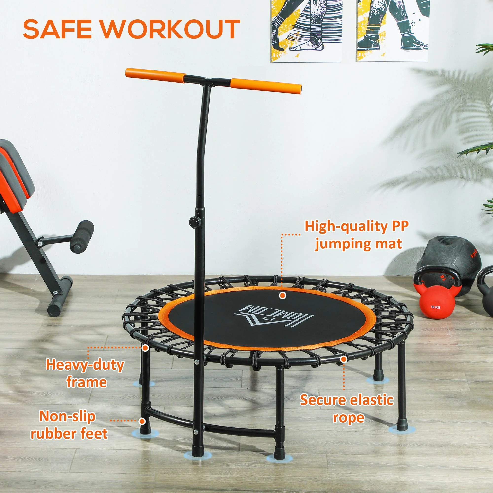 HOMCOM 40'' Mini Trampoline Adult Rebounder Jumper W/ Handle Fitness Orange - Image 4