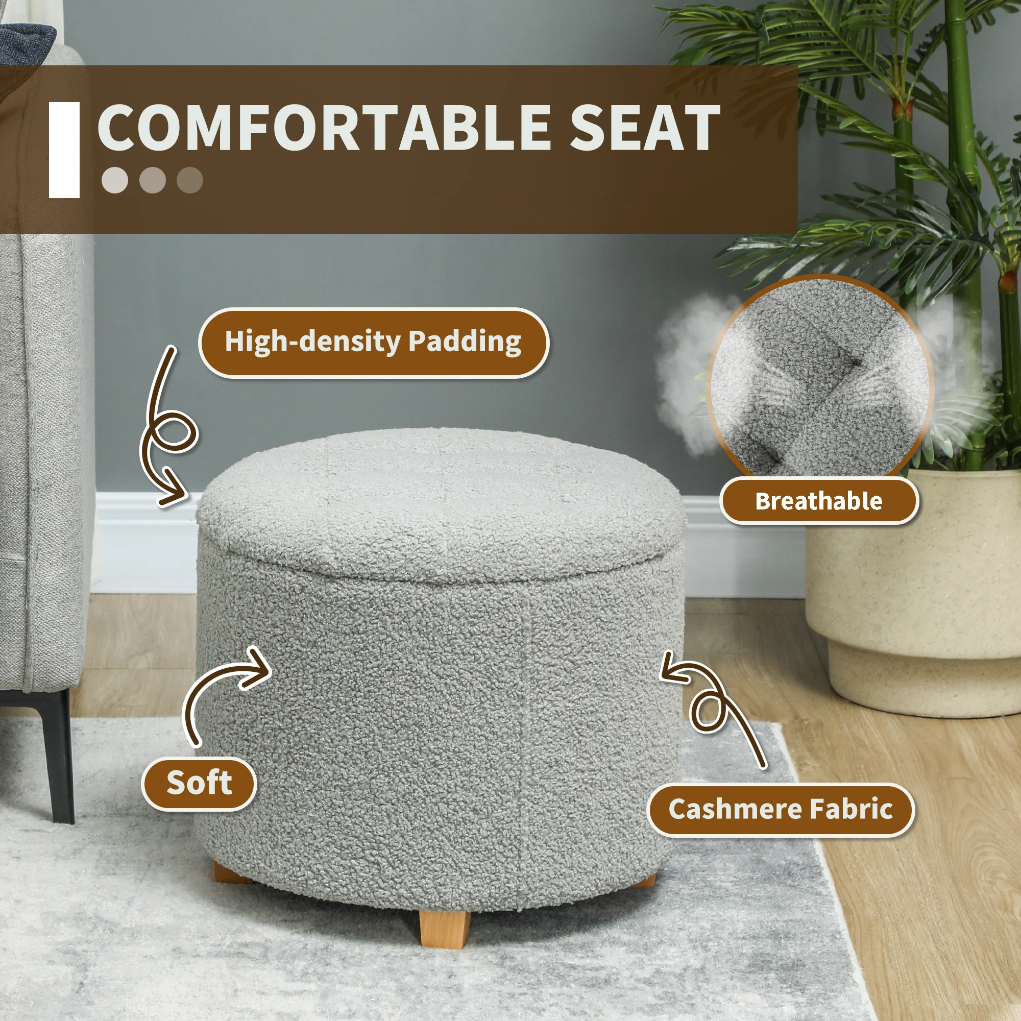 HOMCOM 45cm Round Ottoman With Storage, Lid, Cashmere Footstool - Image 13