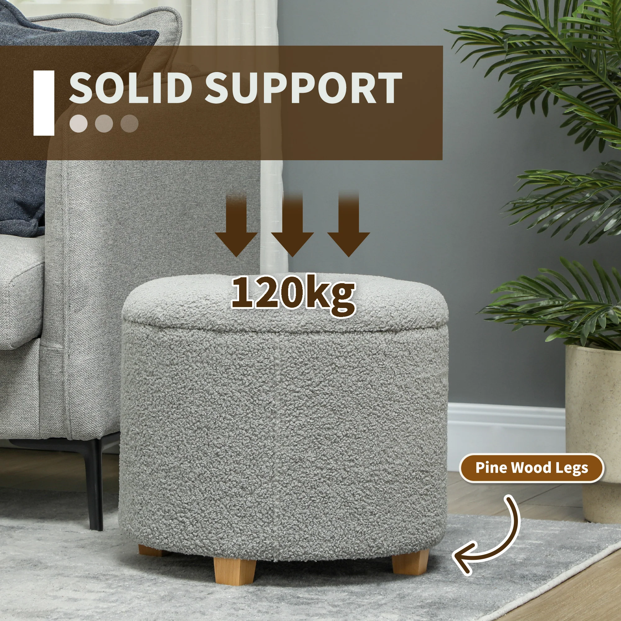HOMCOM 45cm Round Ottoman With Storage, Lid, Cashmere Footstool - Image 15