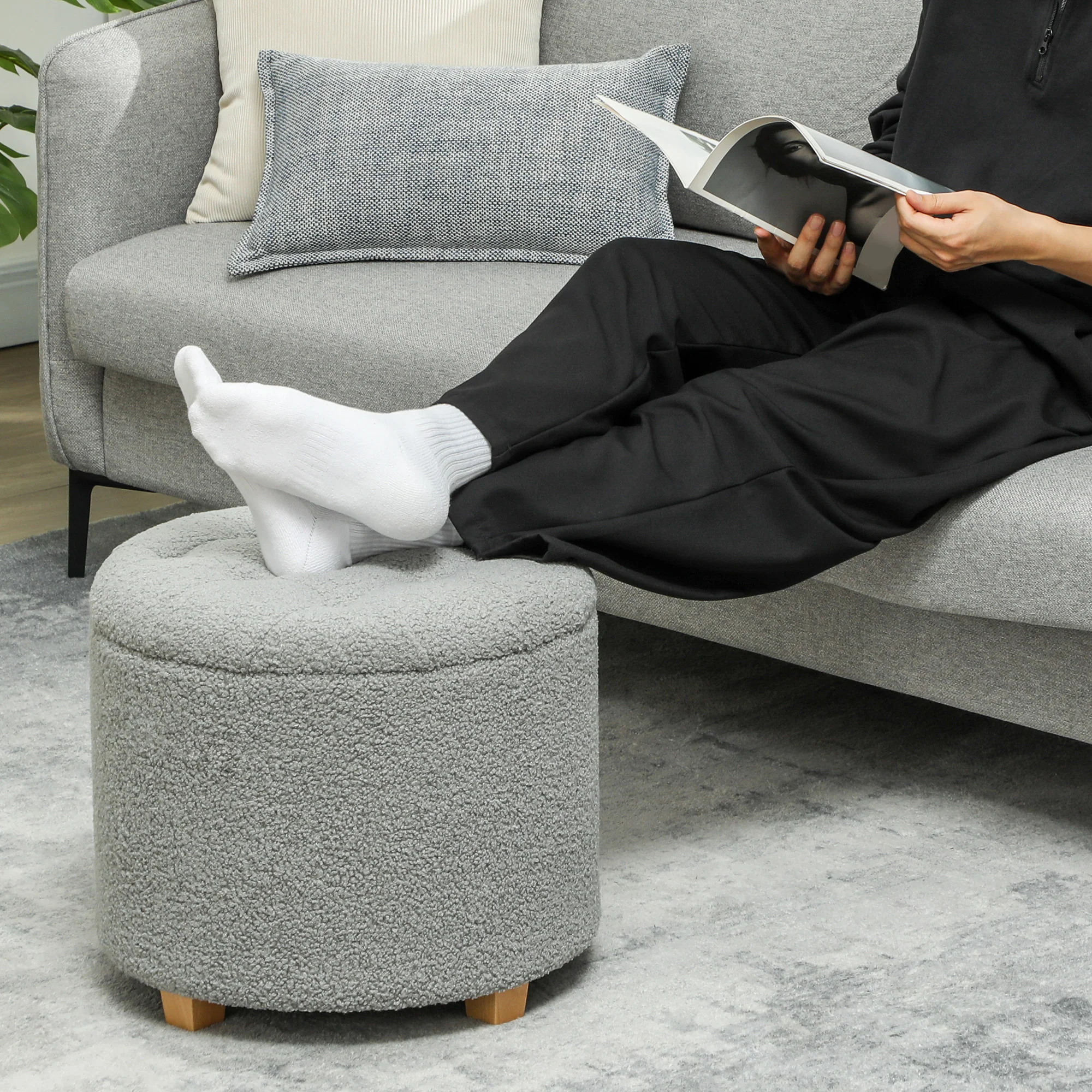 HOMCOM 45cm Round Ottoman With Storage, Lid, Cashmere Footstool - Image 16
