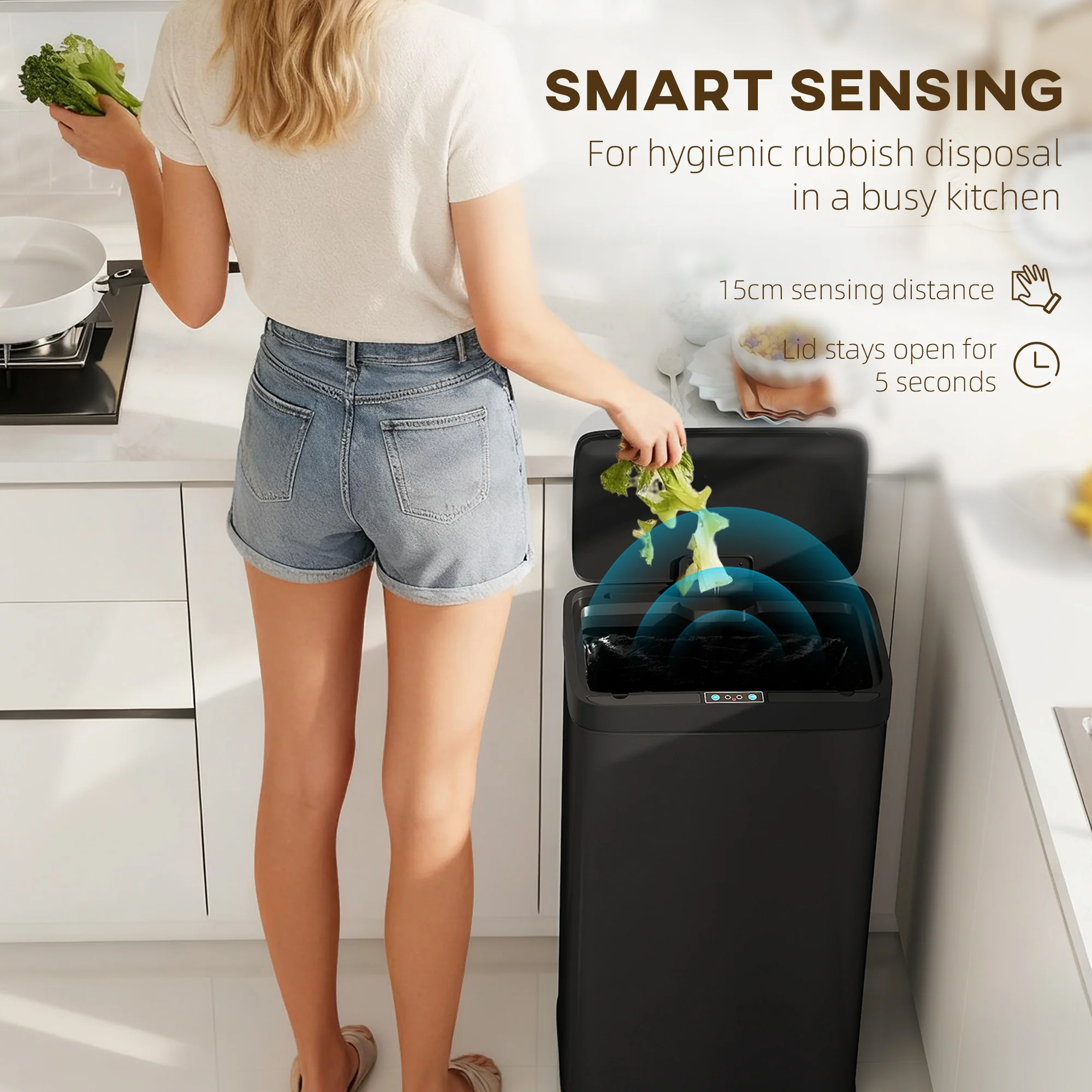 HOMCOM 45L Sensor Bin, Metal Kitchen Bin with Automatic Close, Black - Image 3