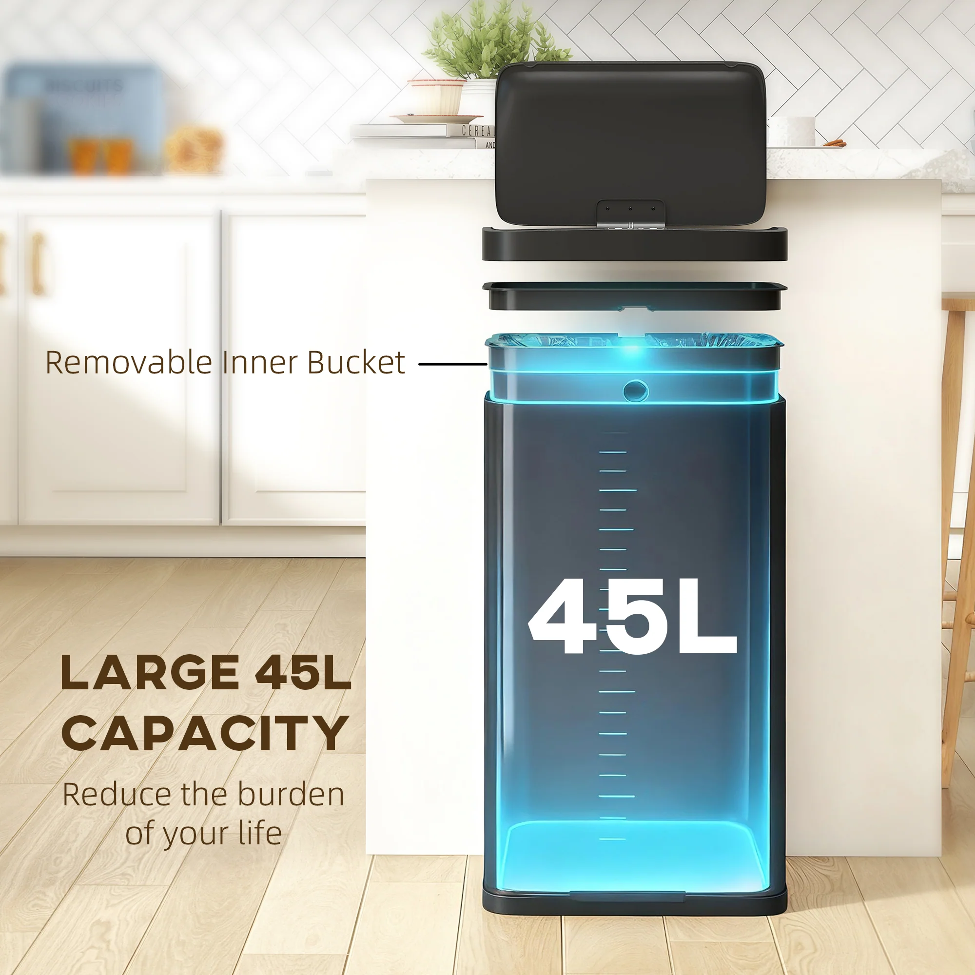 HOMCOM 45L Sensor Bin, Metal Kitchen Bin with Automatic Close, Black - Image 4