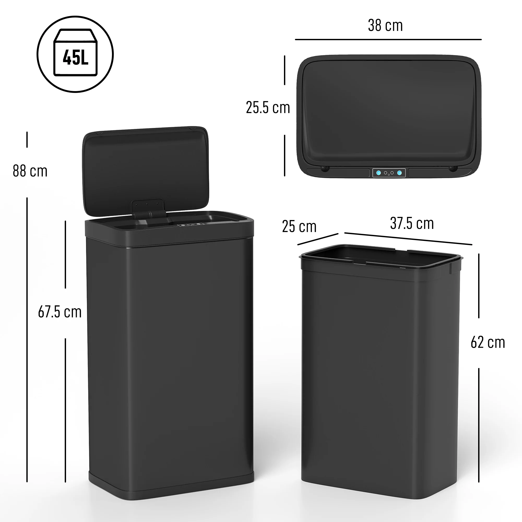 HOMCOM 45L Sensor Bin, Metal Kitchen Bin with Automatic Close, Black - Image 5
