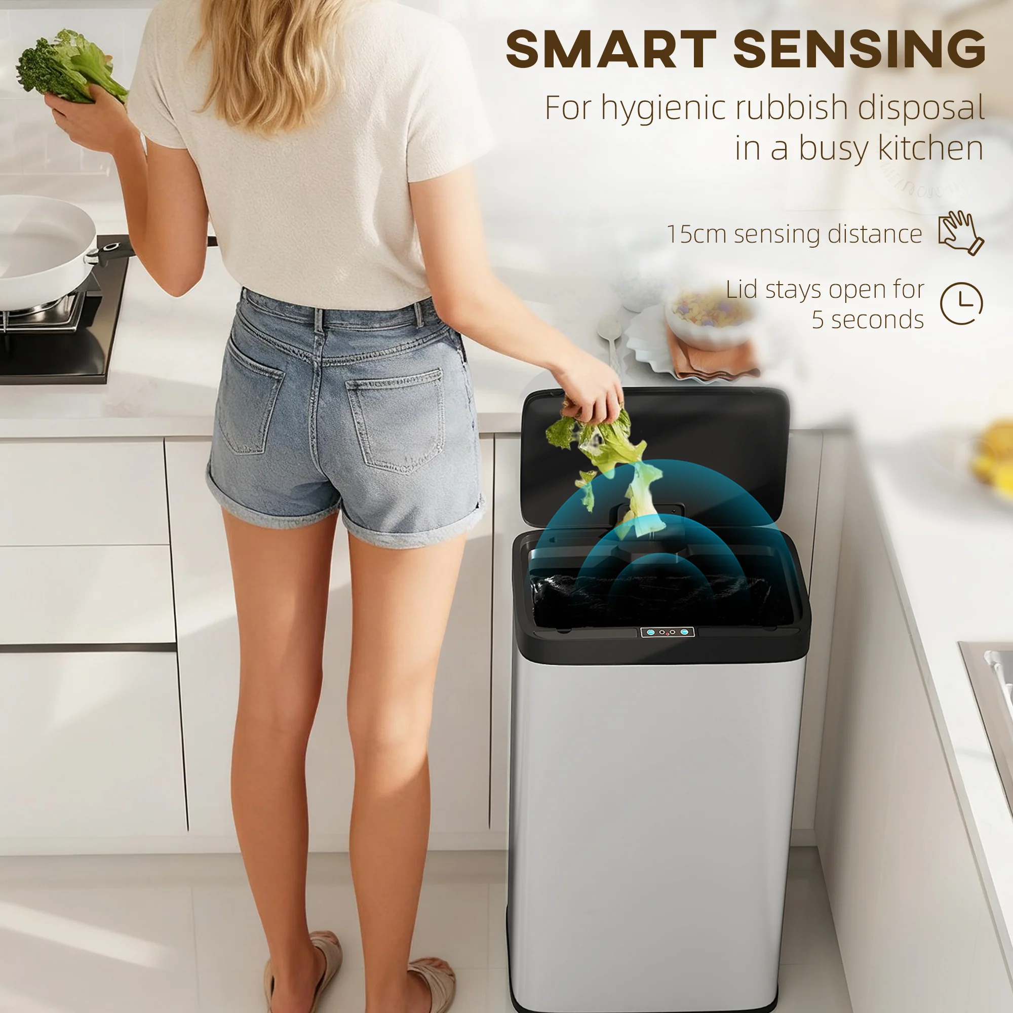HOMCOM 45L Sensor Bin, Stainless Steel Kitchen Bin with Automatic Close - Image 3