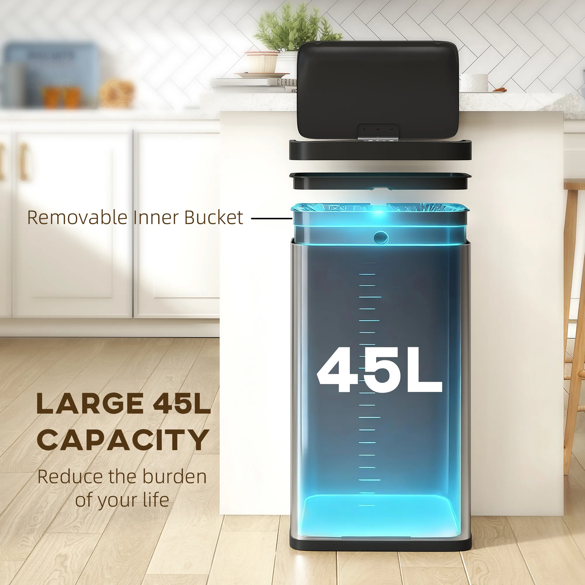 HOMCOM 45L Sensor Bin, Stainless Steel Kitchen Bin with Automatic Close - Image 4