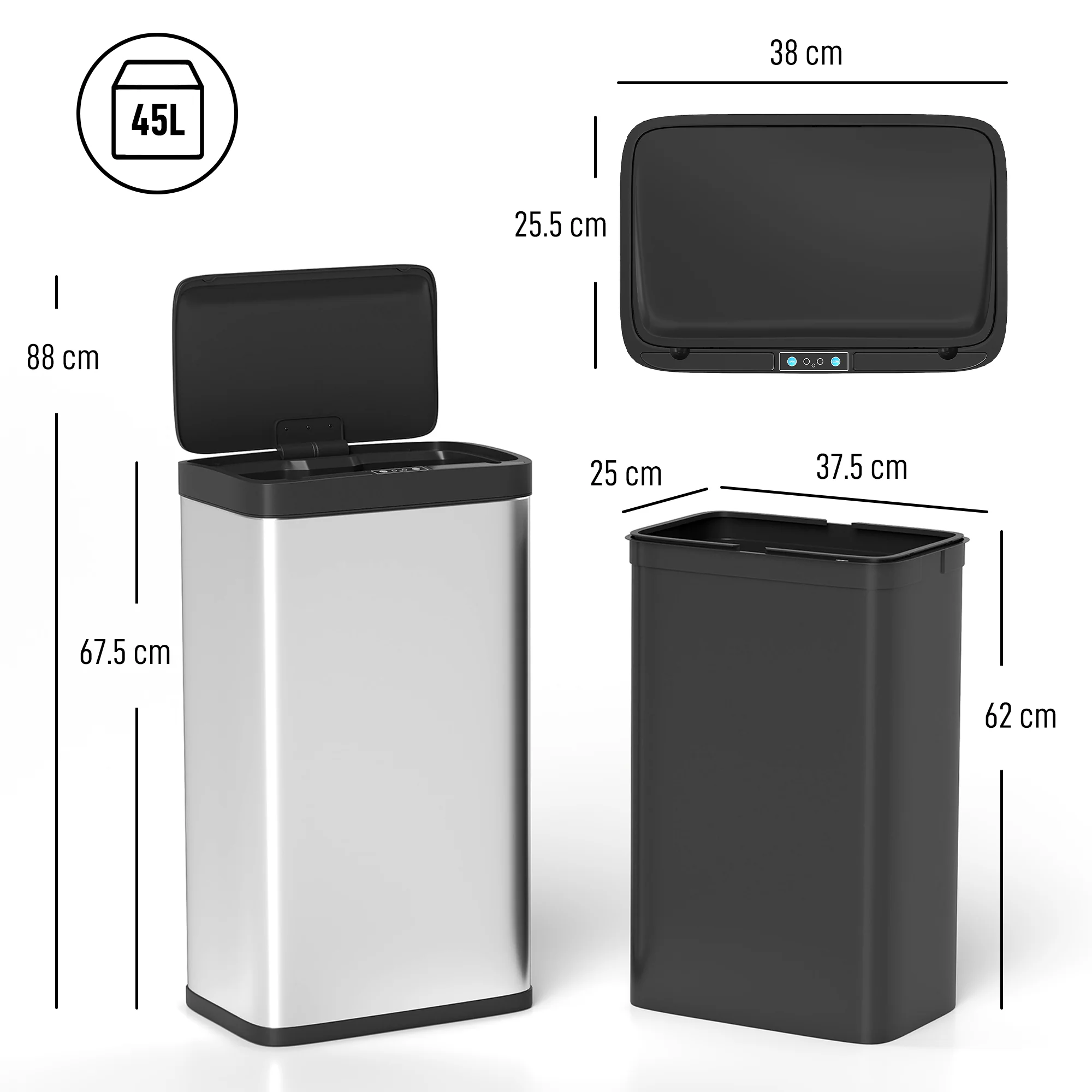 HOMCOM 45L Sensor Bin, Stainless Steel Kitchen Bin with Automatic Close - Image 5