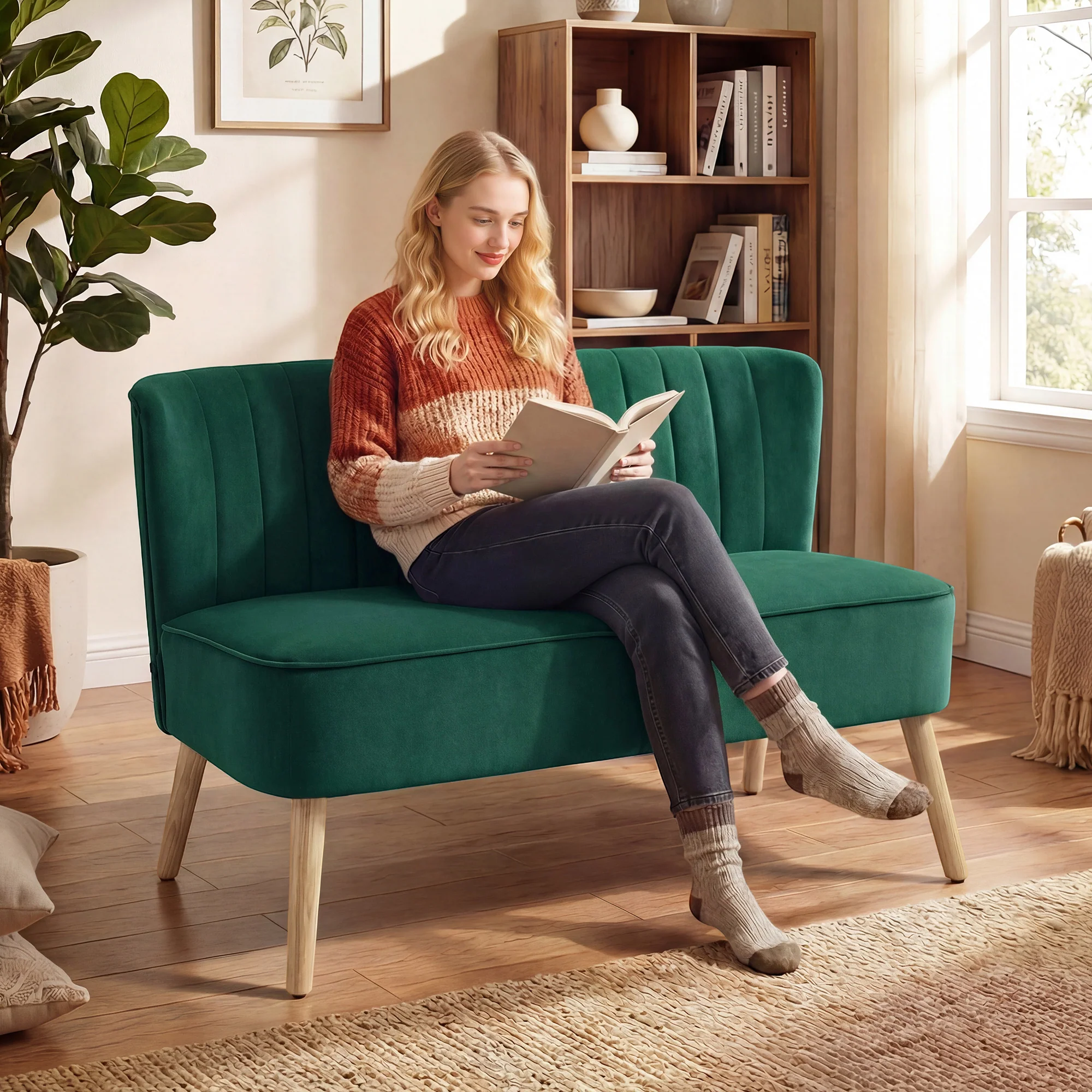 HOMCOM 46" Loveseat Sofa 2 Seater Sofa with Padded Seat, Dark Green - Image 2