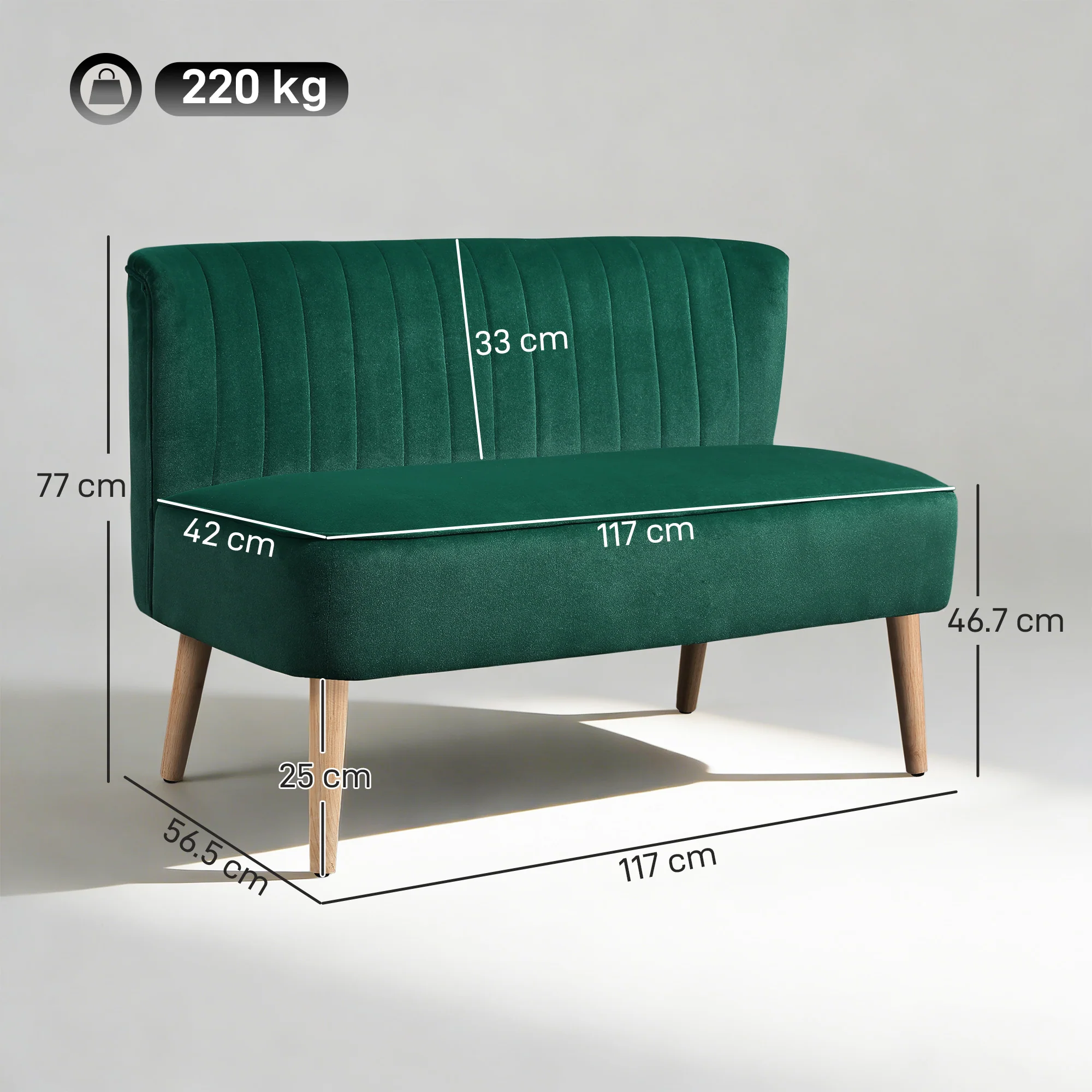 HOMCOM 46" Loveseat Sofa 2 Seater Sofa with Padded Seat, Dark Green - Image 3