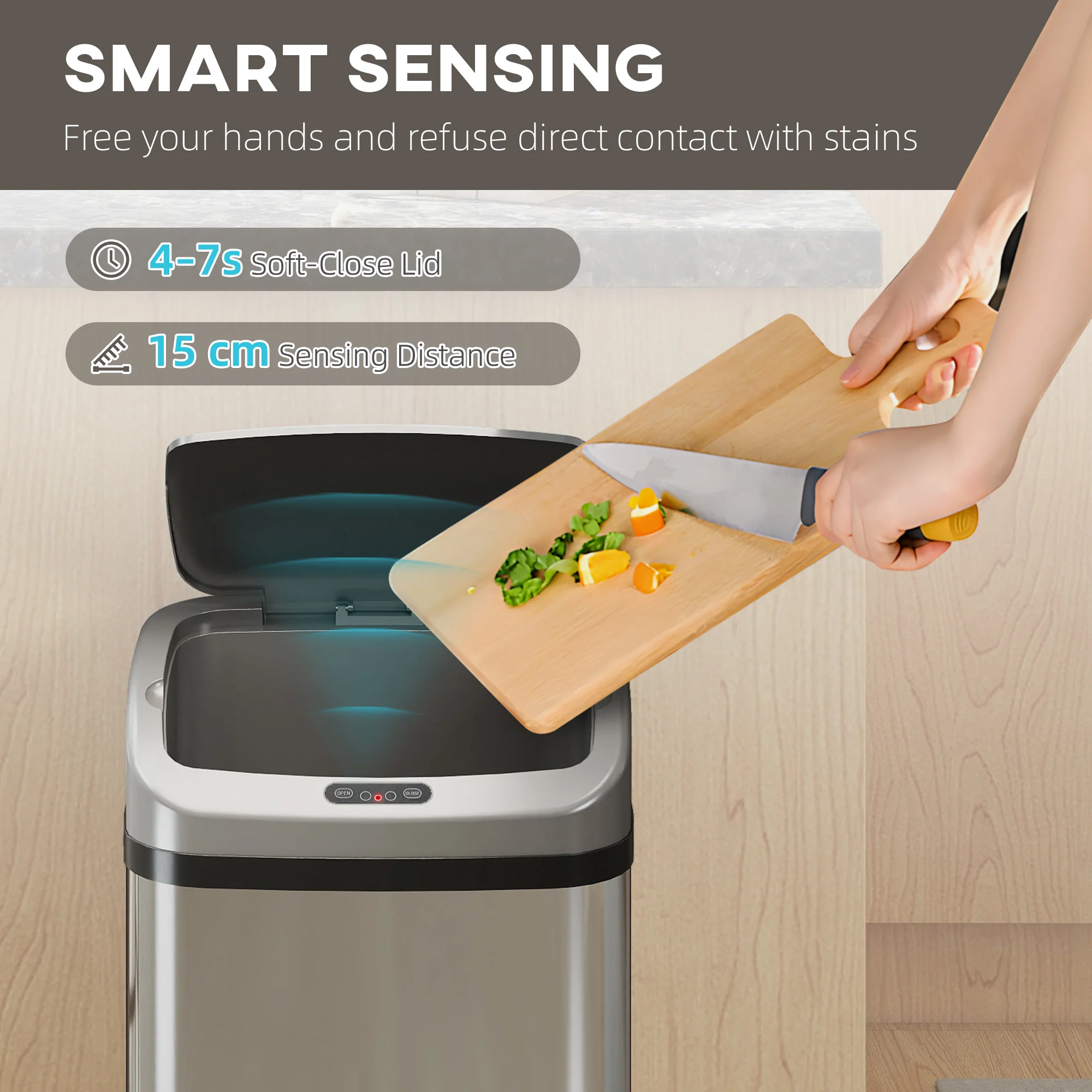 HOMCOM 48L Sensor Bin, Stainless Steel Kitchen Bin With Automatic Close - Image 3