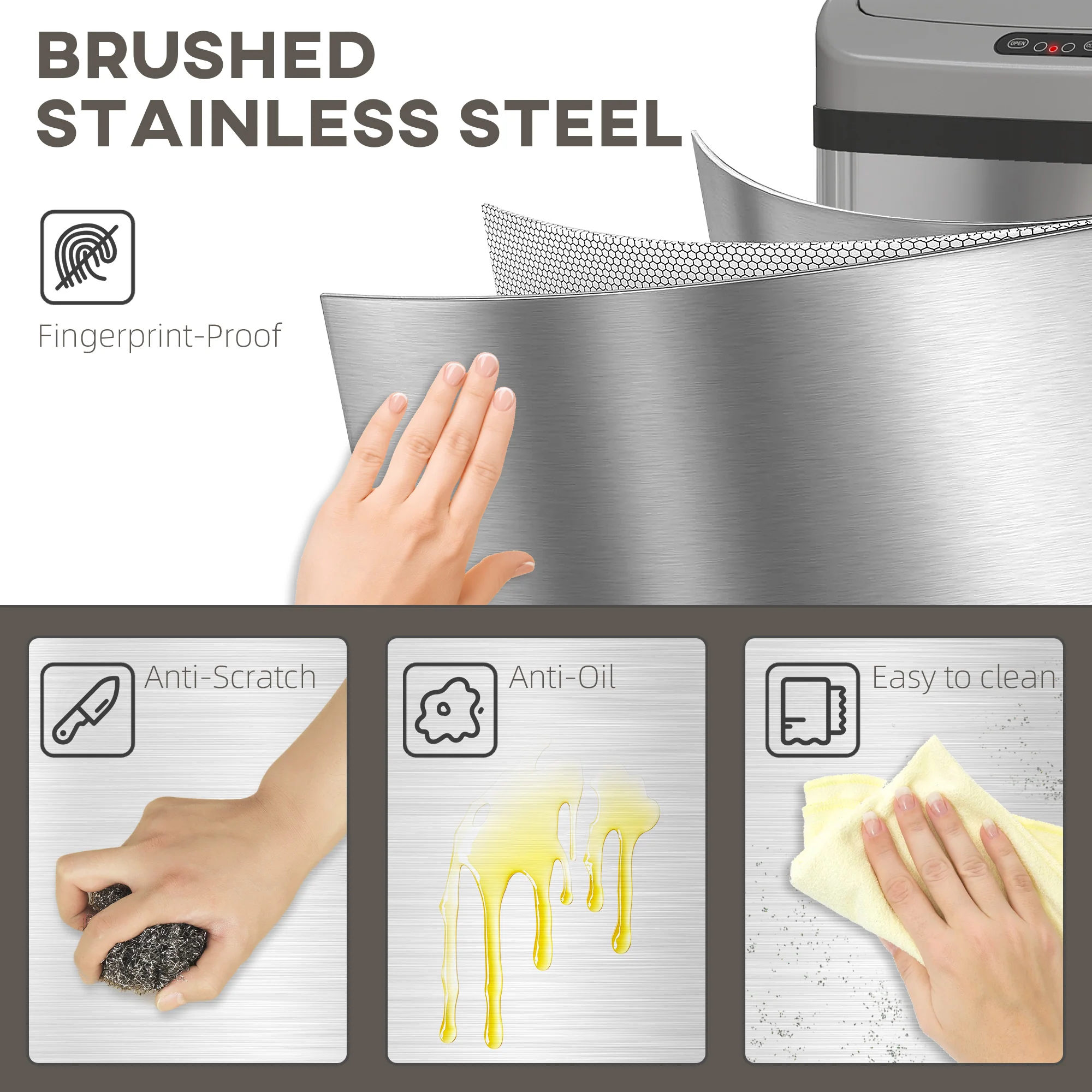 HOMCOM 48L Sensor Bin, Stainless Steel Kitchen Bin With Automatic Close - Image 4